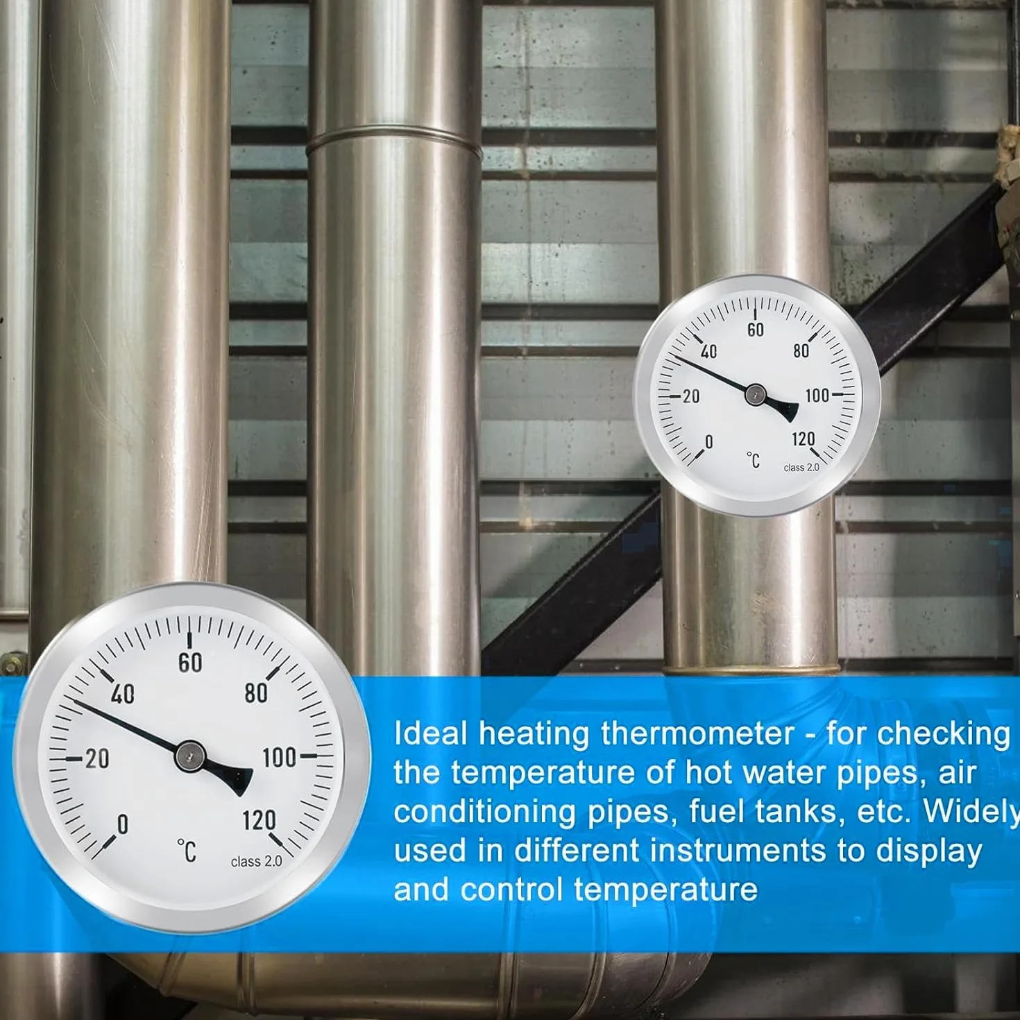 2 termometri per riscaldamento 0-120C 63 mm, termostato per radiatore per il controllo della temperatura su tubi del radiatore con contatto bimetallico in acciaio e superficie in acciaio inox.