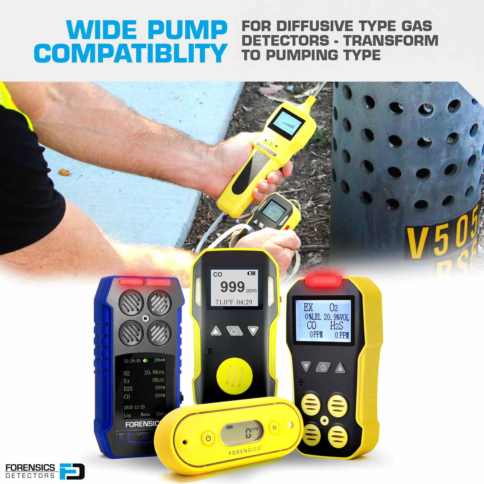 Pompa di Campionamento Gas by FORENSICS | Sonda in Acciaio Inox | Progettata per Rilevatori e Misuratori di Gas | Portata: 0,5 LPM, 500 cc/min | ABS Rinforzato | Ricarica USB |