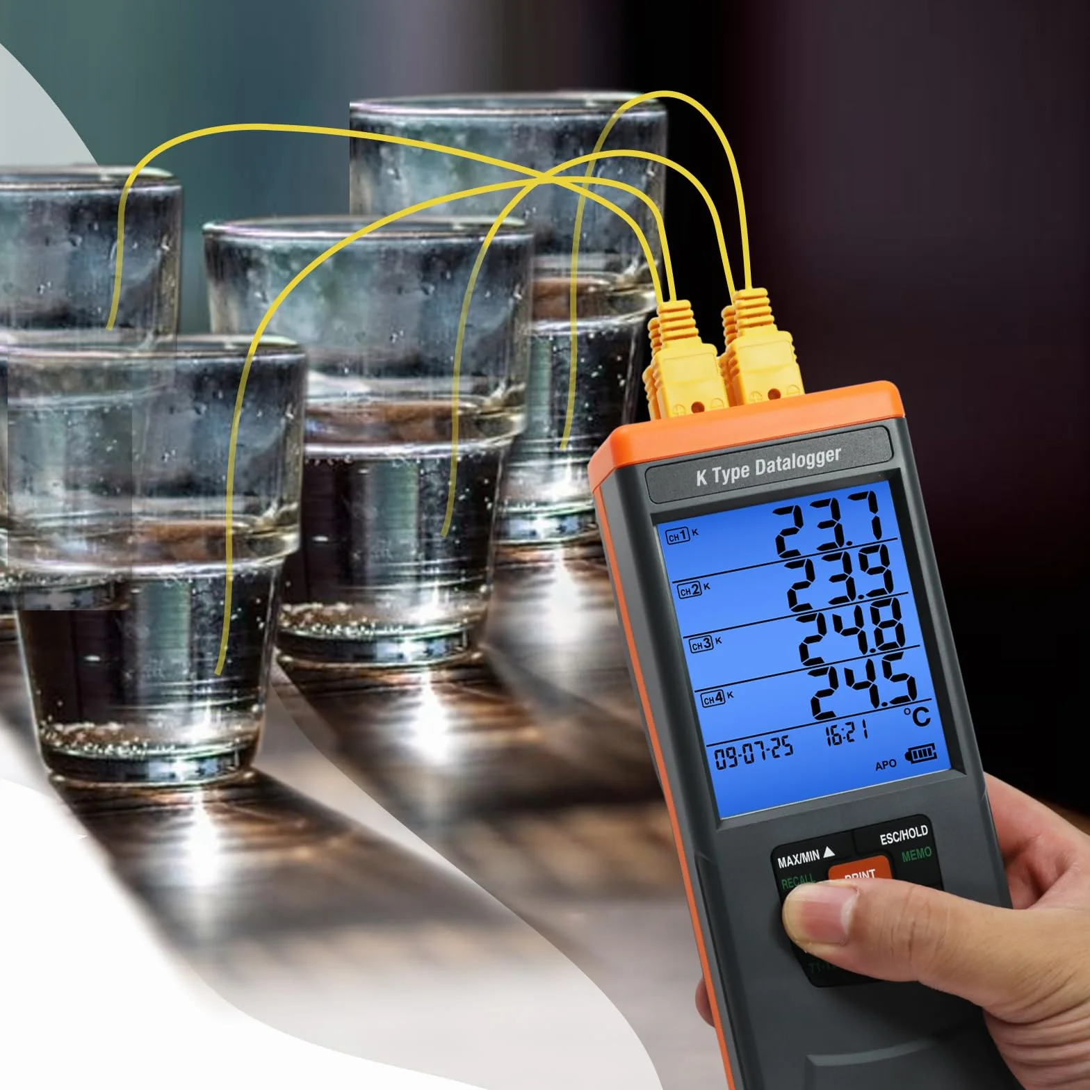 Termometro a Termocoppia 4 Canali Tipo K, 48.000 Registrazioni, -200~1370°C, Allarme Sonoro Visivo