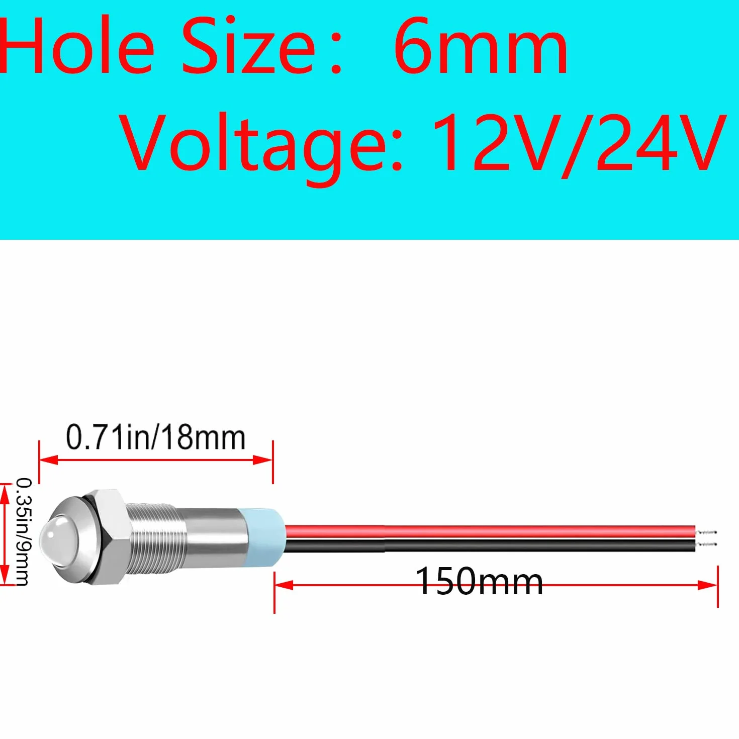 Lampada di segnalazione LED DC 12 V-24 V 6 mm 1/4" impermeabile metallo rotonda bianco 10 pezzi