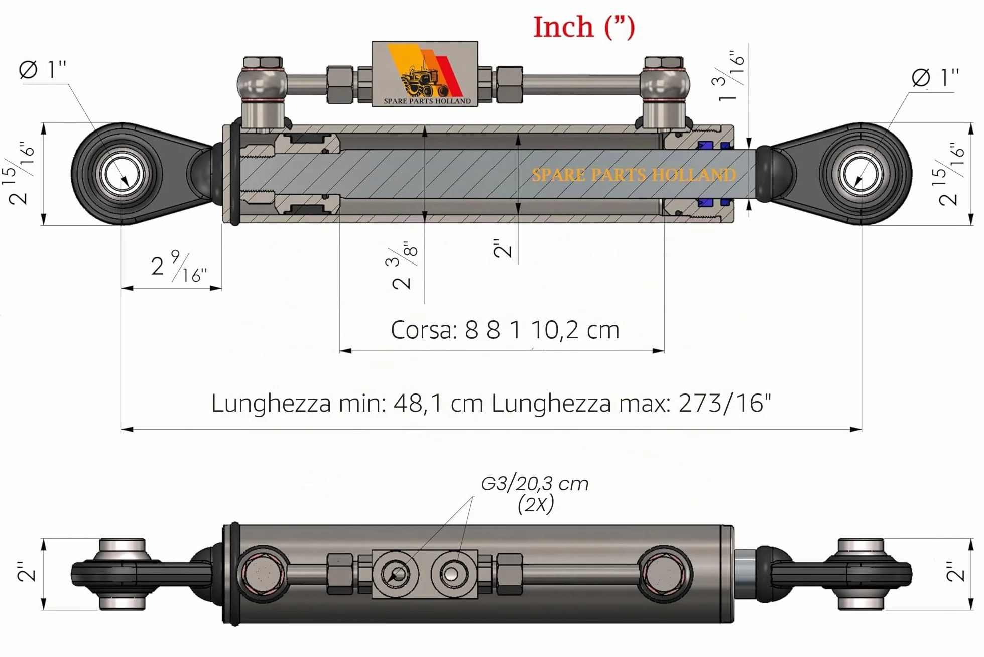 Terzo punto idraulico per trattore CAT 2-2 480-690mm completo di tubi e nippli