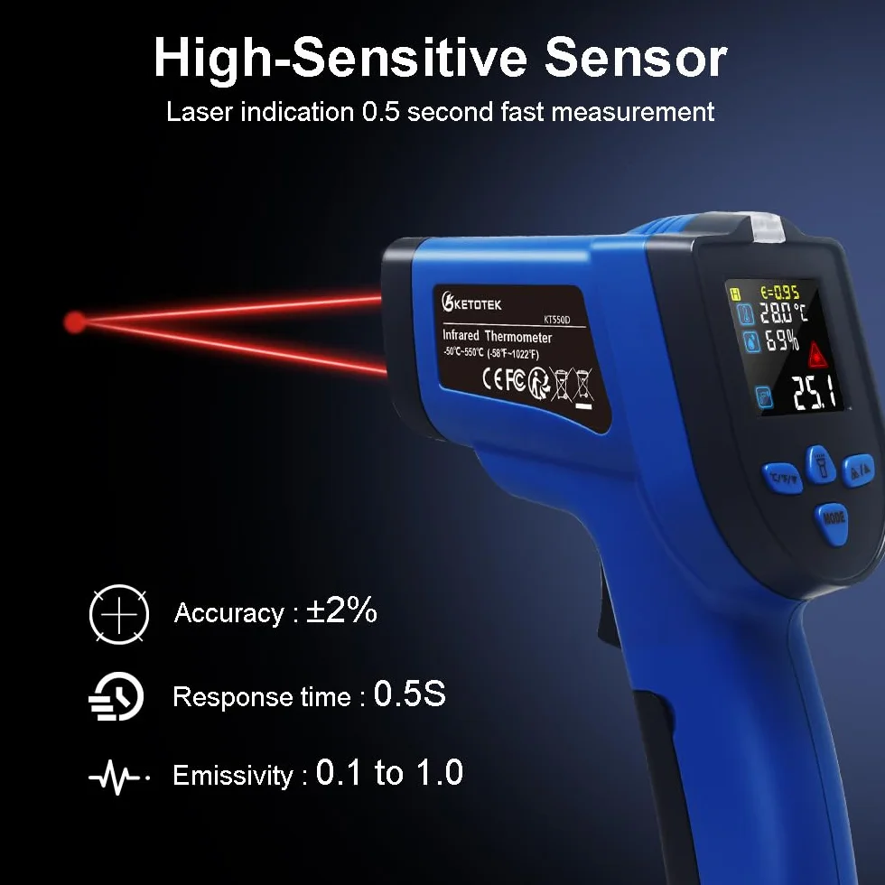 KETOTEK Digitale Termometro a Infrarossi Pistola Laser Doppio Senza Contatto -50~550℃ con K Termocoppia Umidità NCV Rilevamento Tensione CA