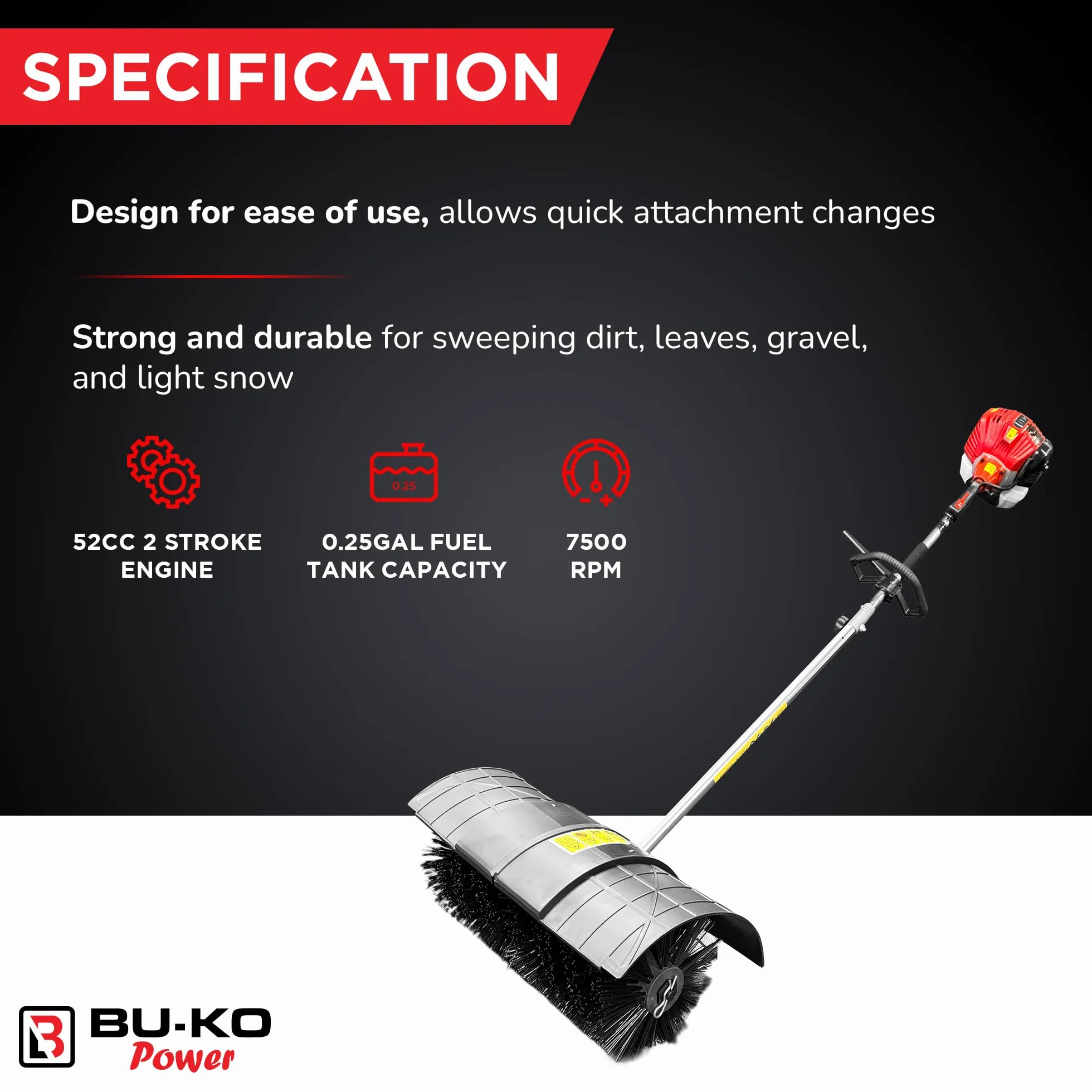 BU-KO Accessorio Spazzola Attrezzo da Giardino Multifunzionale Spazzatrice Robusta per Esterni per Pulire terrazze e vialetti. Compatibile con attrezzo 5-in-1 52cc, Facile da Fissare