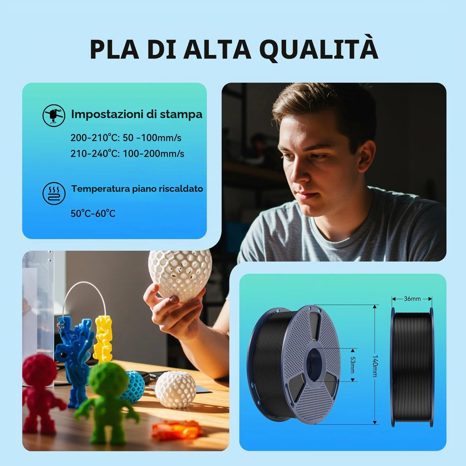 SUNLU PLA Filamento 1,75mm Multicolor 16 Colori 4kg, Confezionato Singolarmente Sottovuoto per Stampanti 3D
