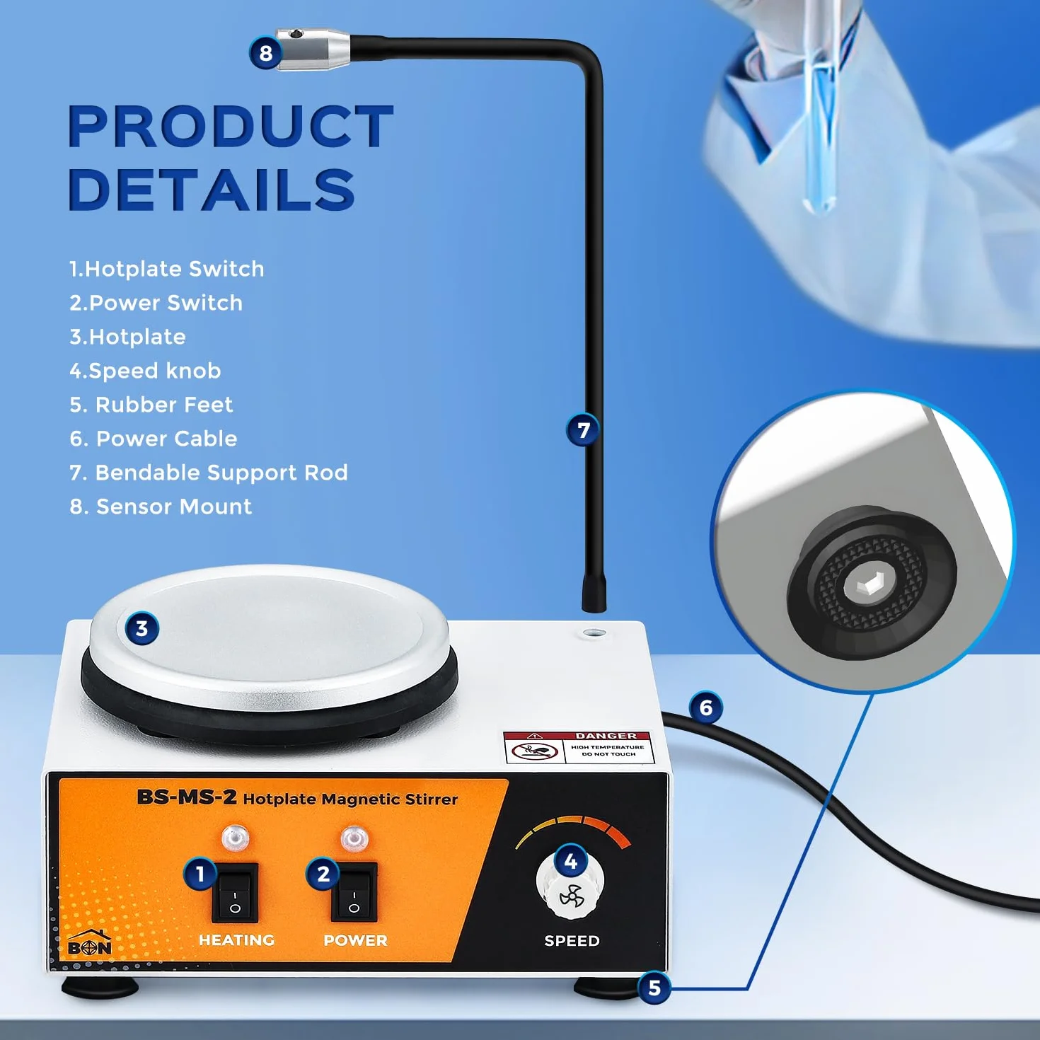 Bonvoisin Agitatore Magnetico con Piastra Riscaldante, Mixer da Laboratorio da 2L 0-2600rpm 100℃ con Asta di Supporto Sensori Flessibile, 120 * 120mm 180W Potenza di Riscaldamento (EU)