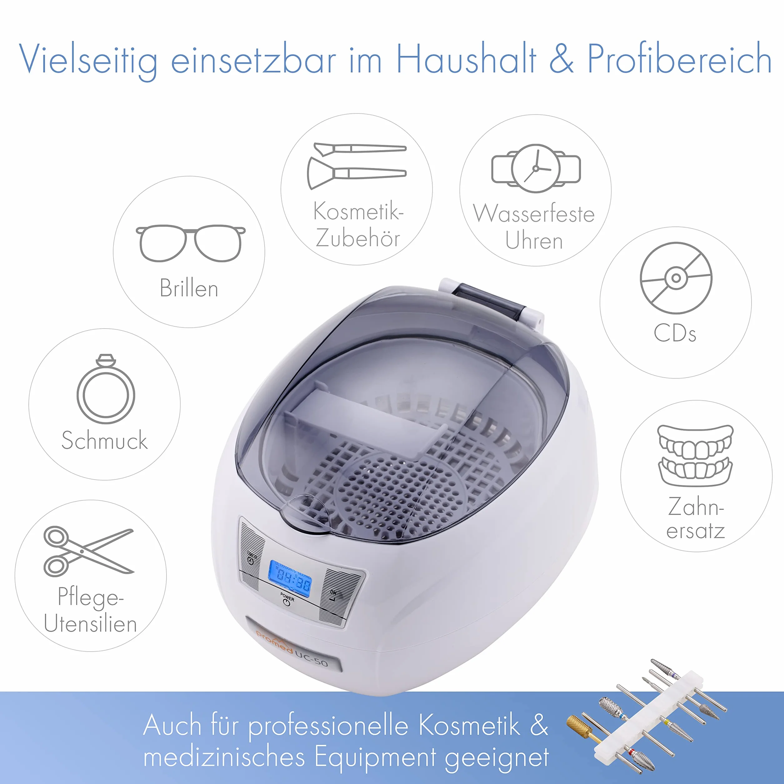 Promed UC-50 Pulitore Ultrasuoni - Dispositivo di Pulizia Gioielli, Utensili da Unghie, Occhiali, Oggetti - Alta Frequenza - Timer Automatico, LCD e Motore Silenzioso - Supporto per Orologio, Bit e CD
