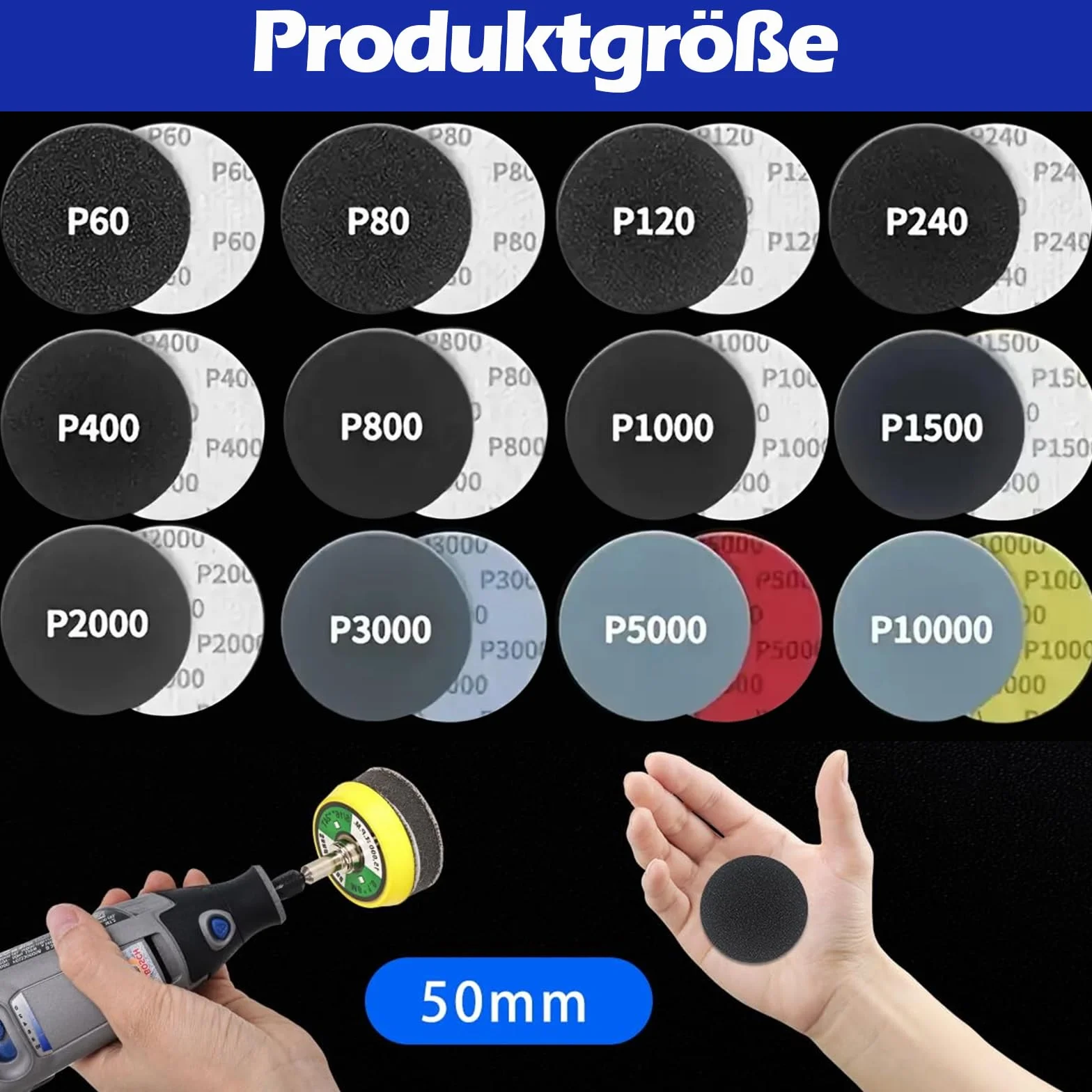 Set di 200 dischi abrasivi da 50 mm, set di dischi abrasivi in, per fari, carta vetrata, tamponi abrasivi asciutti bagnati e tamponi lucidanti con grana 60 – 10000 per avvitatore a batteria