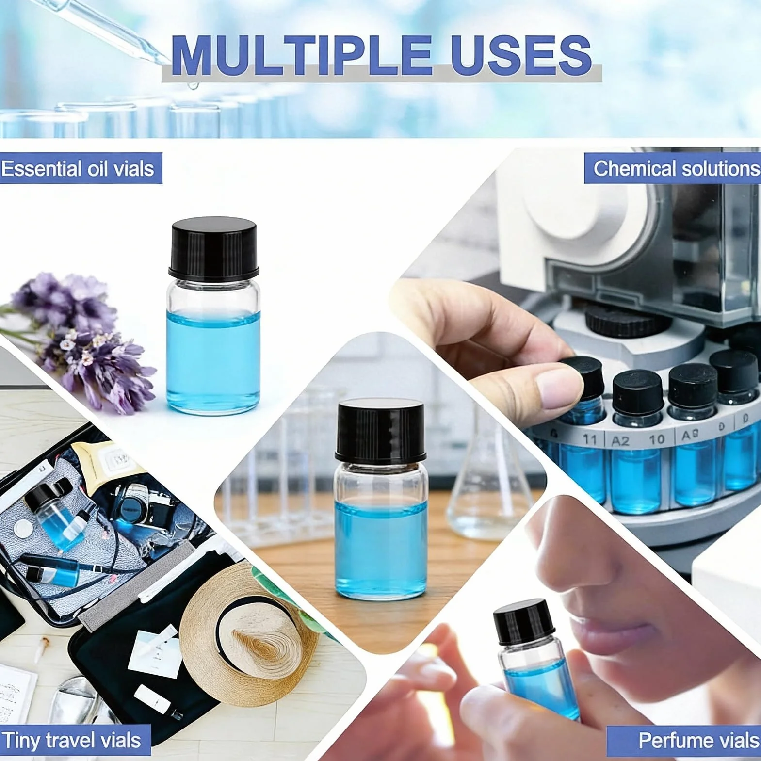 Mini flaconcini trasparenti in vetro 7 ml con tappo a vite nero, contenitori da viaggio per test di laboratorio, confezione da 16