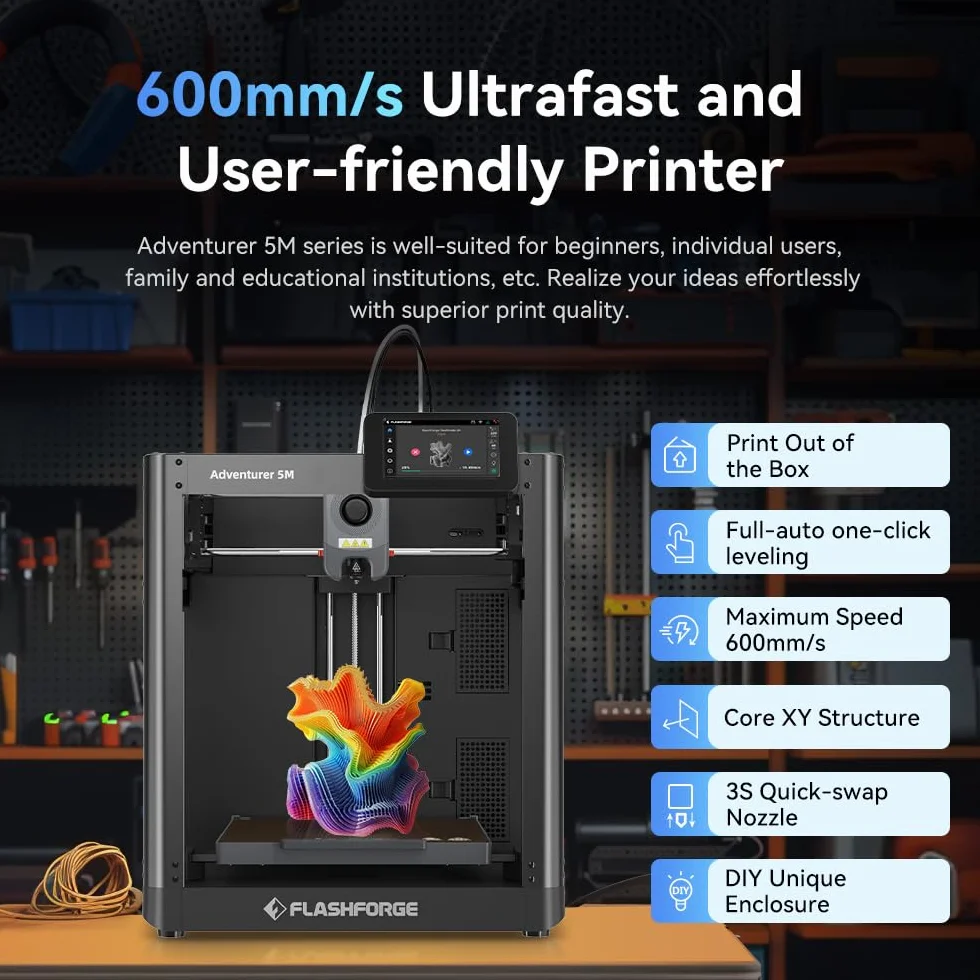 FLASHFORGE Adventurer 5M Stampante 3D, Totalmente livellamento-Auto Max 600mm/s, 280℃ Ugello a Sgancio Rapido, Struttura CoreXY per Qualità di Stampa Superiore, Principianti & Esperti Scelta Prima