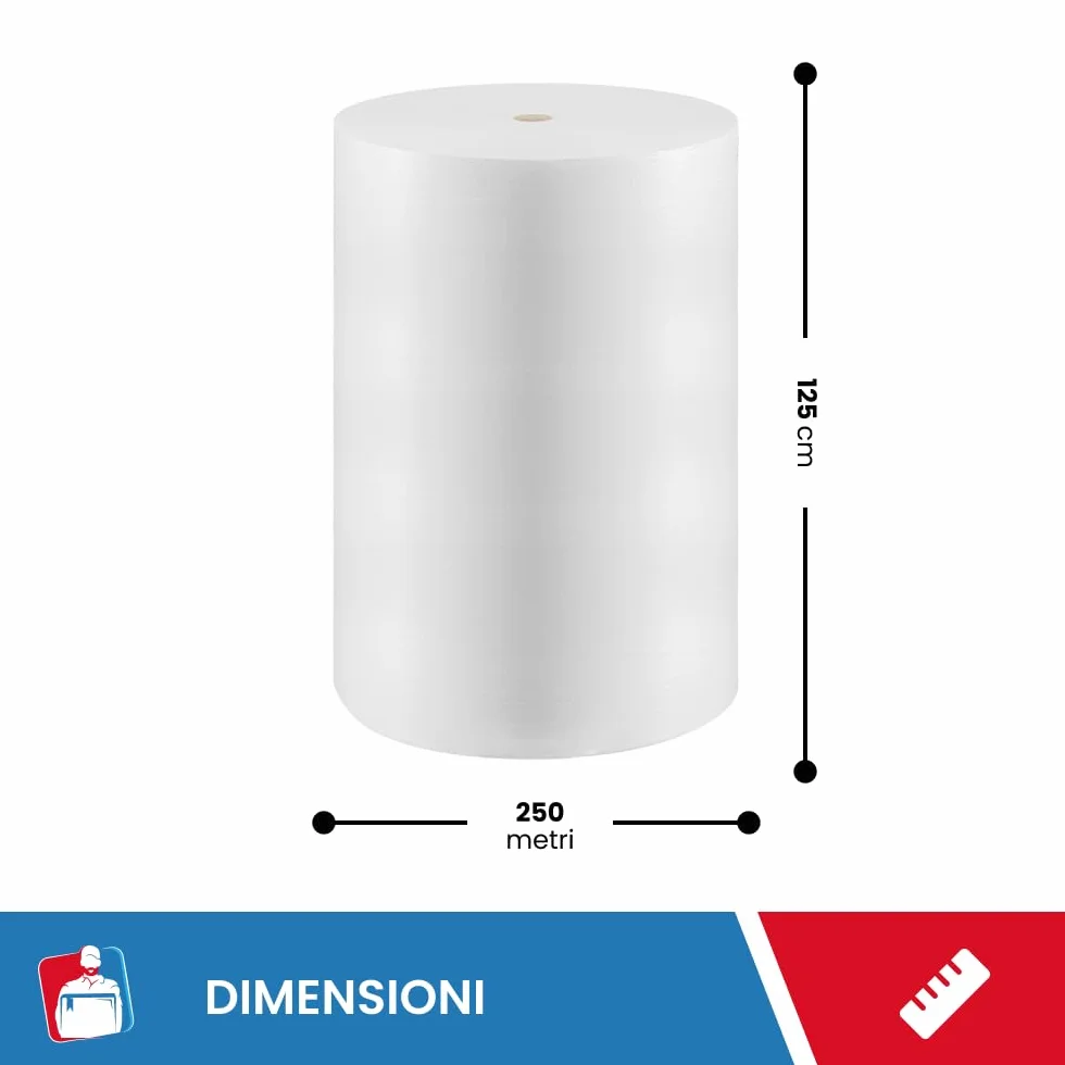 IMBALLAGGI 2000 - Rotolo Polietilene Espanso Foam non tossico - 125 cm x 250 mt - Rotolo Foam per Imballo e Trasloco Piatti, Bicchieri, Tazze - Spessore 2 mm