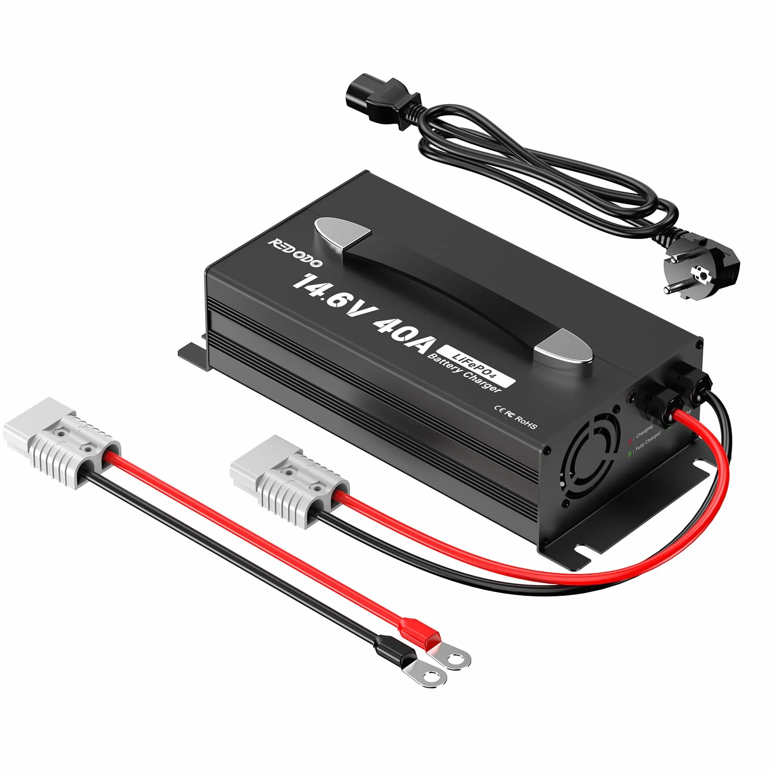 Redodo 14,6V 40A Caricabatterie LiFePO4 con Funzioni di Carica di Mantenimento Design Compatto e Resistente con Protezione Completa Perfetto per 12V Batterie LiFePO4