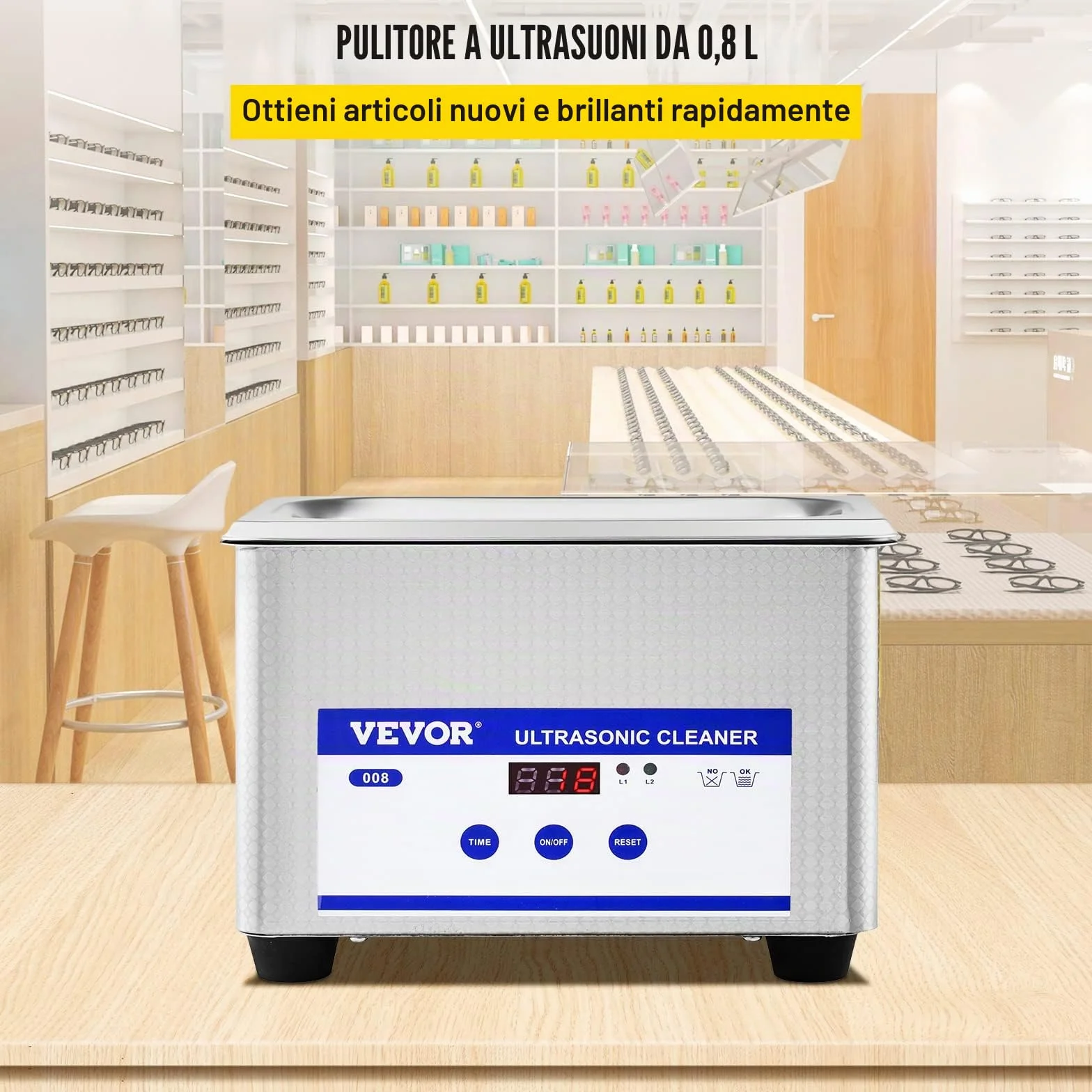 VEVOR Pulitore a ultrasuoni 800ml, 35W Pulitore ultrasonico professionale in acciaio inossidabile, potente macchina di pulizia ad ultrasuoni a frequenza di 40 kHz con display LED per gioielli, orologi