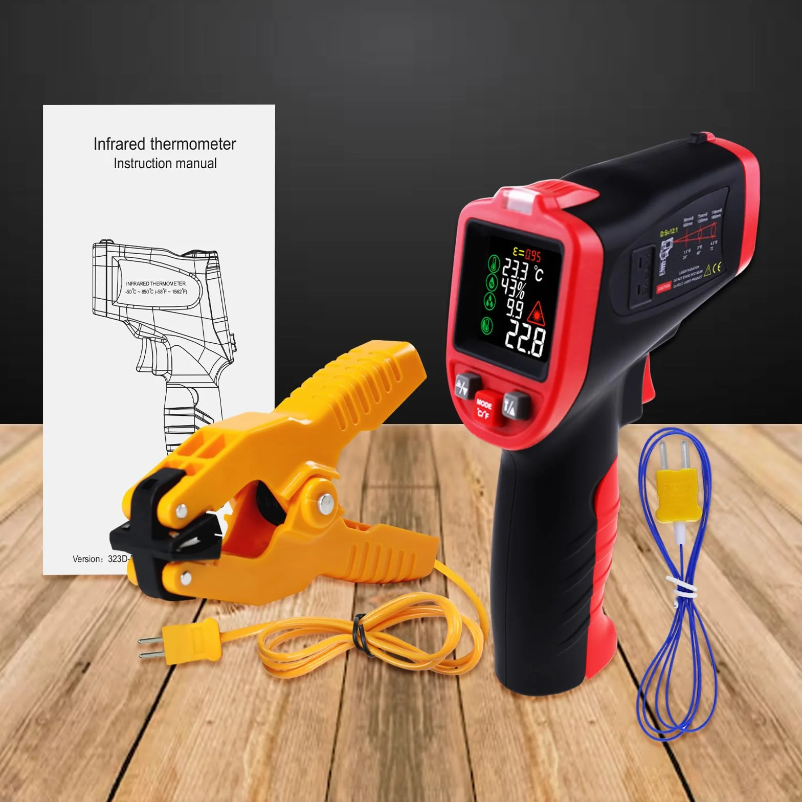 Termometro a Infrarossi Senza Contatto -50~850°C Puntamento Laser Sonda Termocoppia Tipo K Rilevamento UV