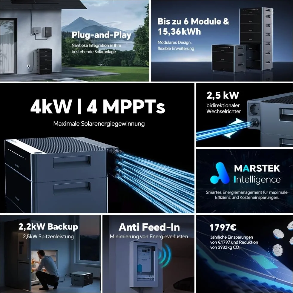 Marstek Venus D 5120 Wh Impianto solare da balcone batteria espandibile micro-inverter 4 MPPT 4 kW FV uscita 2,2 kW espandibile 15,36 kWh 6000 cicli IP65 Plug&Play