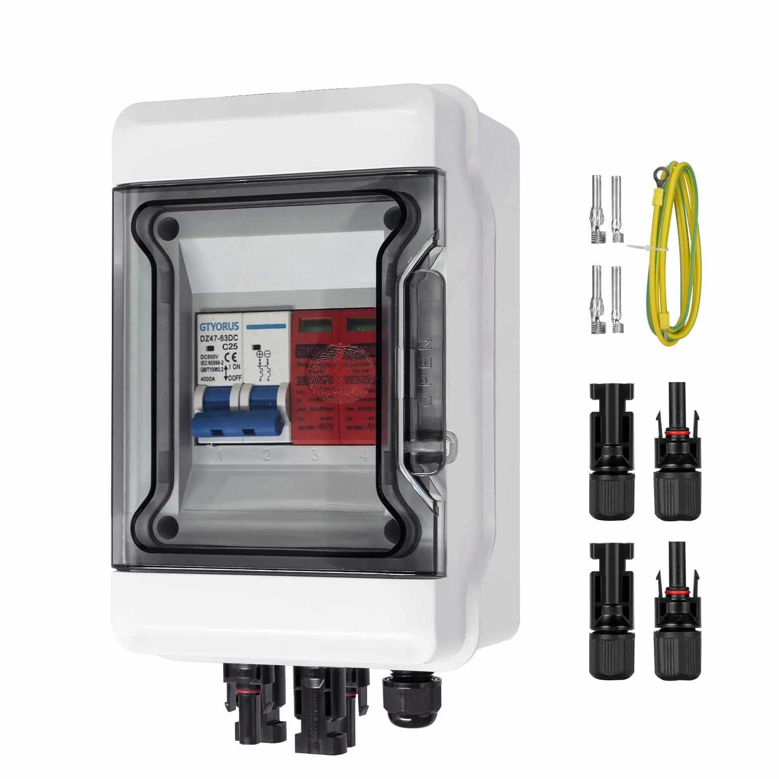 Scatola di Giunzione Solare, Protezione Contro Le Sovratensioni IP65, Interruttore Fotovoltaico 1 Stringa DC 500 V Con Spina Solare (1 in 1 Uscita, 25A)
