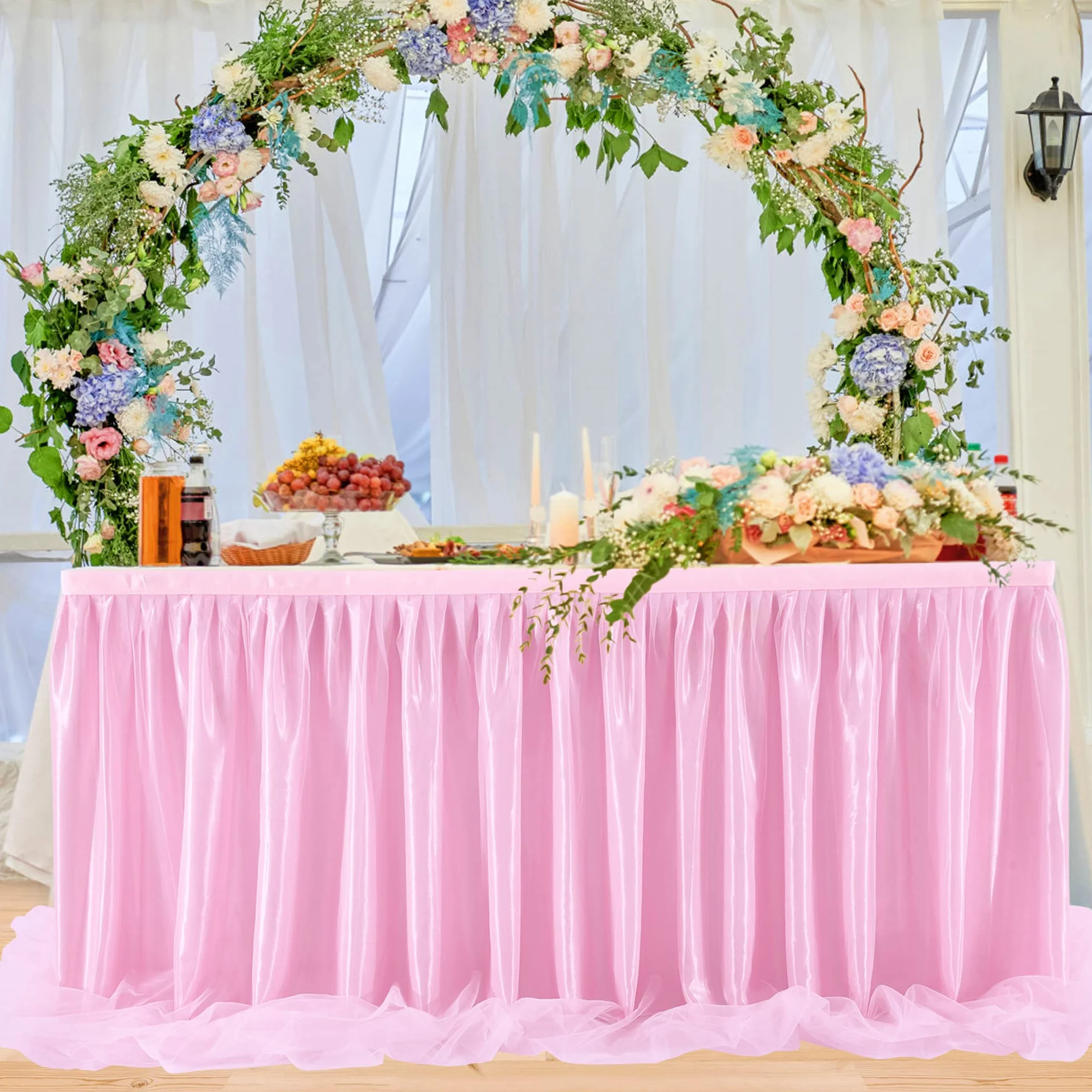 HBBMAGIC gonna da tavolo in tulle rosa baby 275 cm con volant lavabile