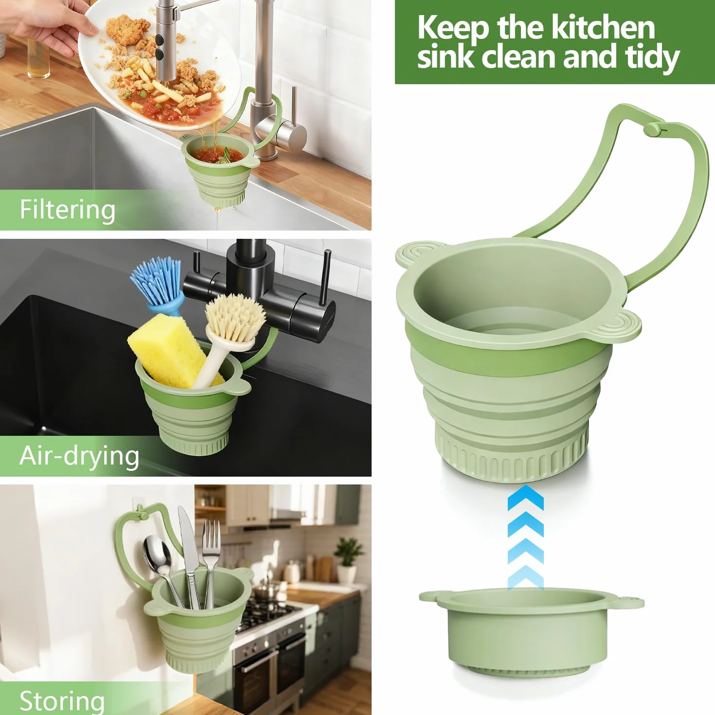 Pieghevole Cestello di Scarico per Lavello da Cucina, Cestello Filtro per Lavandino in Silicone, Rimovibile da Appendere, per Filtrare i Residui di Cibo e Prevenire L'Intasamento del Lavello (Verde)