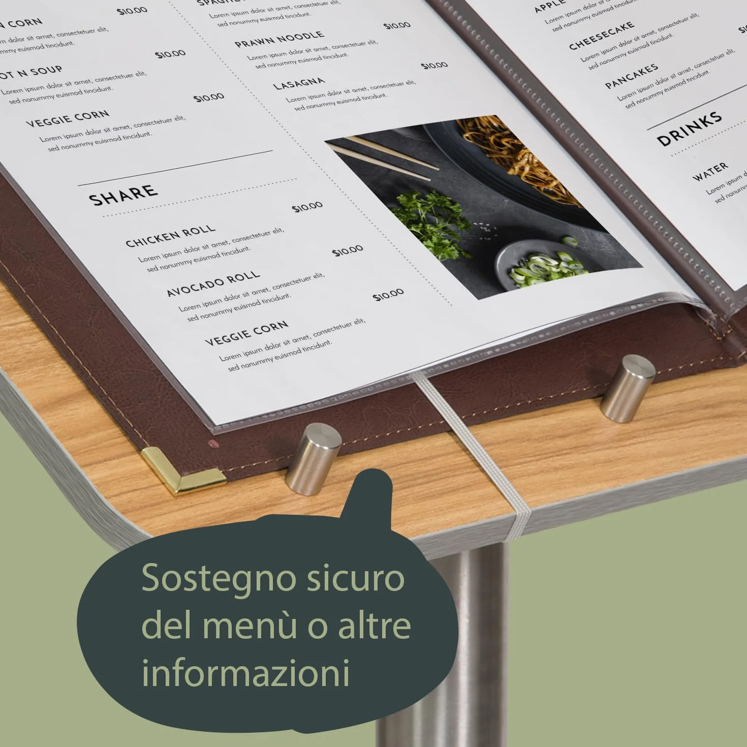 SECURIT - Leggio Porta Menu con Palo e Base - Per Caffè, Ristoranti, Bar, Negozi - Legno Laminato con Base in Acciaio Inox - Quattro Perni in Metallo e Elastici Inclusi - Teak