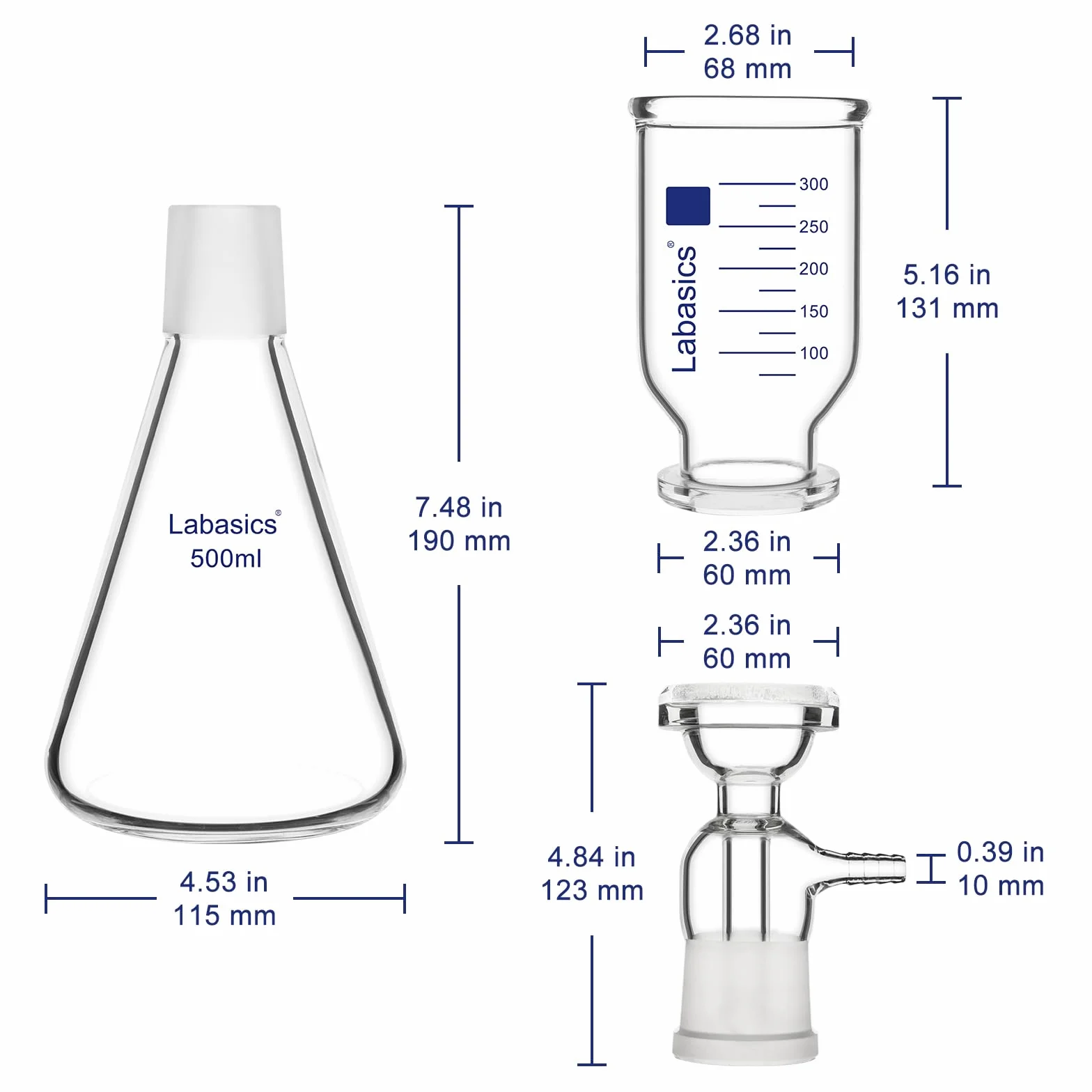 Labasics Apparato di Filtrazione a Vuoto, Vetro Borosilicato, Piastra Filtro 10μm, Matrazzo 500 ml, Becher 300 ml