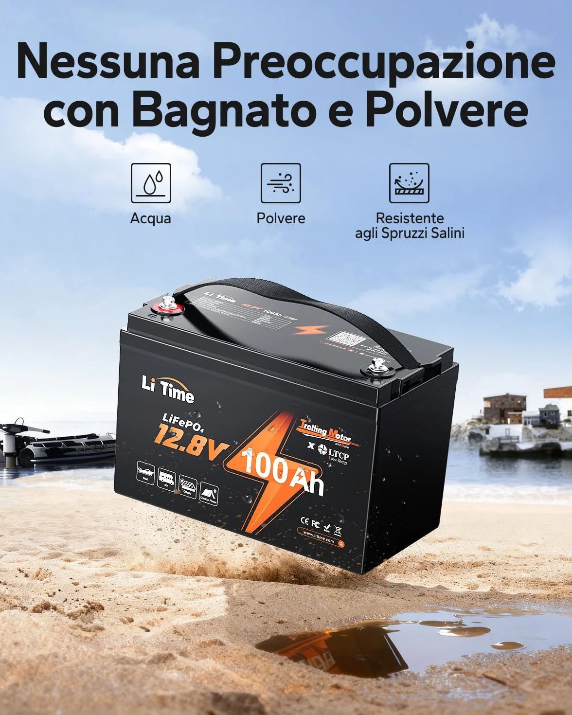 LiTime Batteria al Litio 12V 100Ah per Barche, Batteria LiFePO4 con Protezione Bassa Temperatura, 4000-15000 Cicli Profondi, Energia 1280Wh, Perfetta per Motori da Traina, Nautico, Yacht