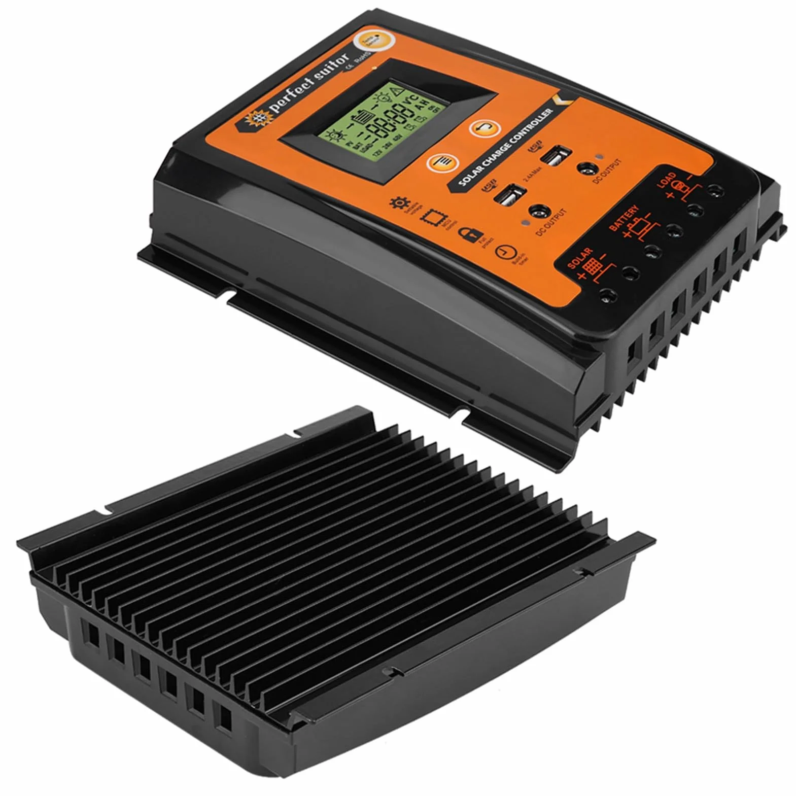 Regolatore di Carica Solare, Plastica Ip32 12V/24V 30A 50A Mppt Regolatore di Carica Solare Pannello Solare Regolatore Batteria Doppio Display LCD USB, Caricatore Solare C (70A)