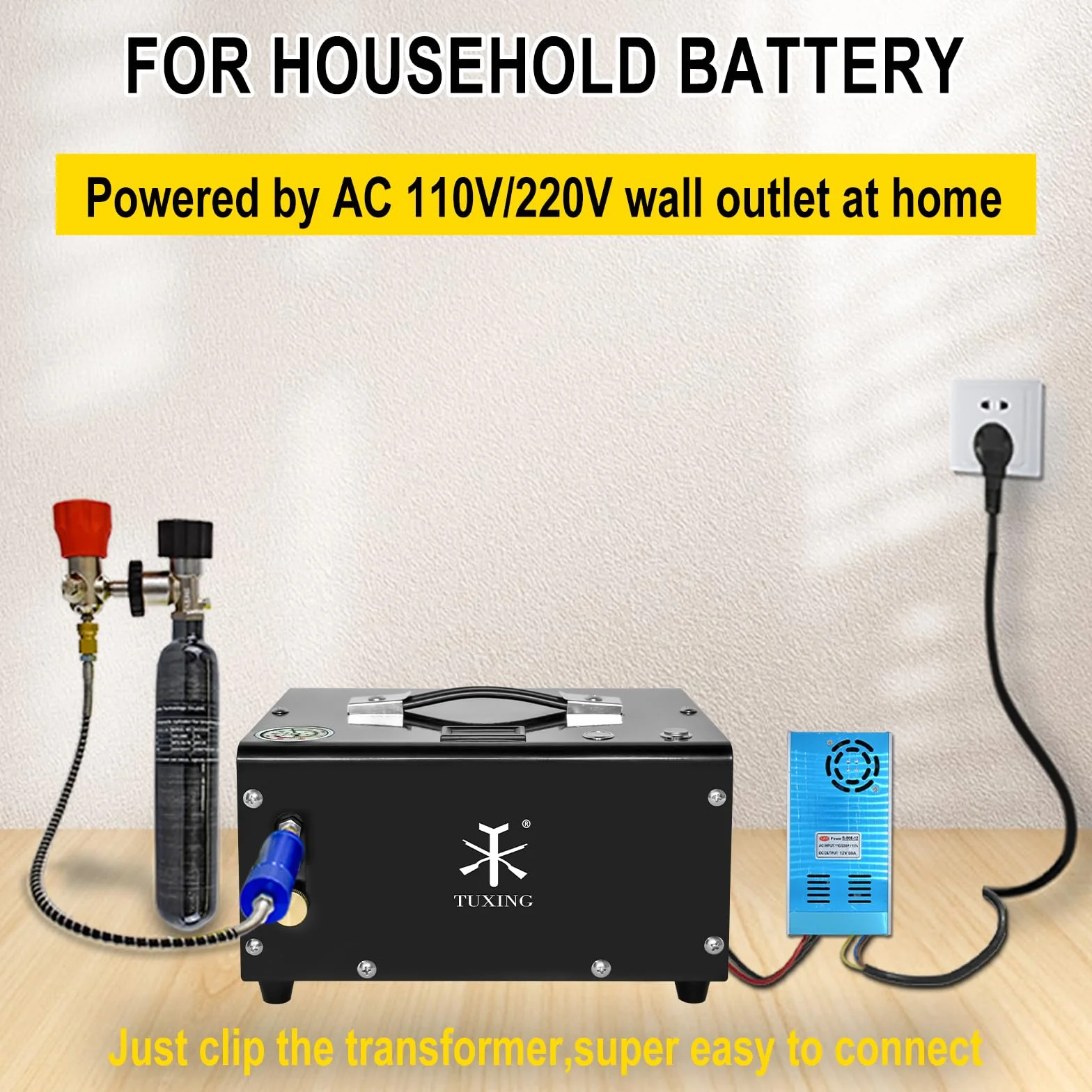 TUXING PCP compressore d'aria, olio/senza acqua, PCP fucile/pistola e Paintball serbatoio pompa d'aria, alimentato da 12V auto DC o casa 220V AC con convertitore di potenza e
