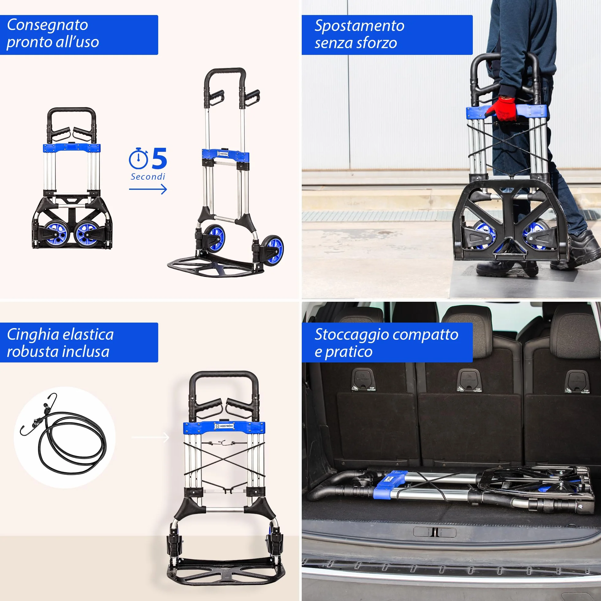 HOSTRÖM Carrello a mano pieghevole in alluminio per impieghi gravosi, carrello a mano pieghevole per traslochi, trasporto materiali, ruote grandi, carico massimo 200 kg, 5 anni di garanzia.