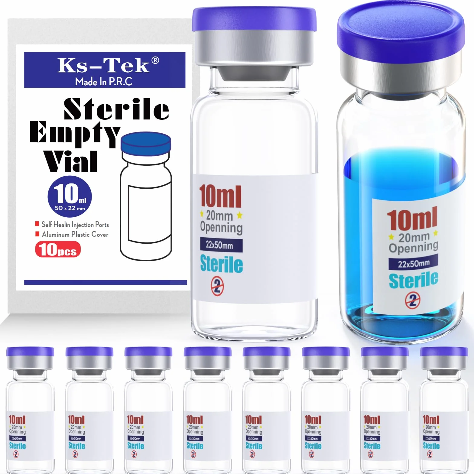 Ks-Tek - Fiale vuote sterili con porta di iniezione autorigenerante, tappo a strappo in alluminio, pacchetto sterile (10 ml, 10)
