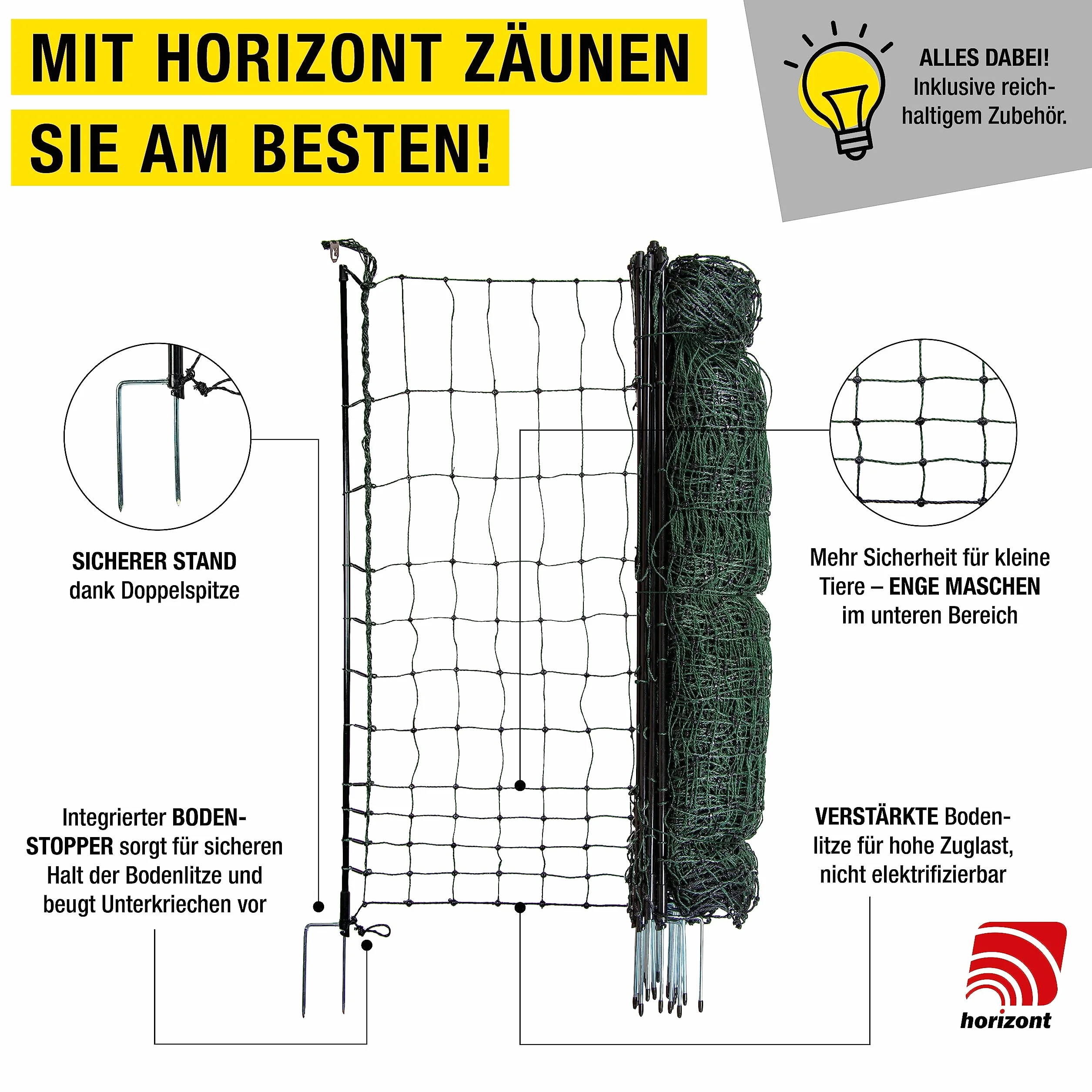 horizont recinto per pollame Strong Line 110, 15 pali in fibra di vetro a doppia punta lunghi 50 m, alti 110 cm, tutti senza elettricità, recinto mobile per polli