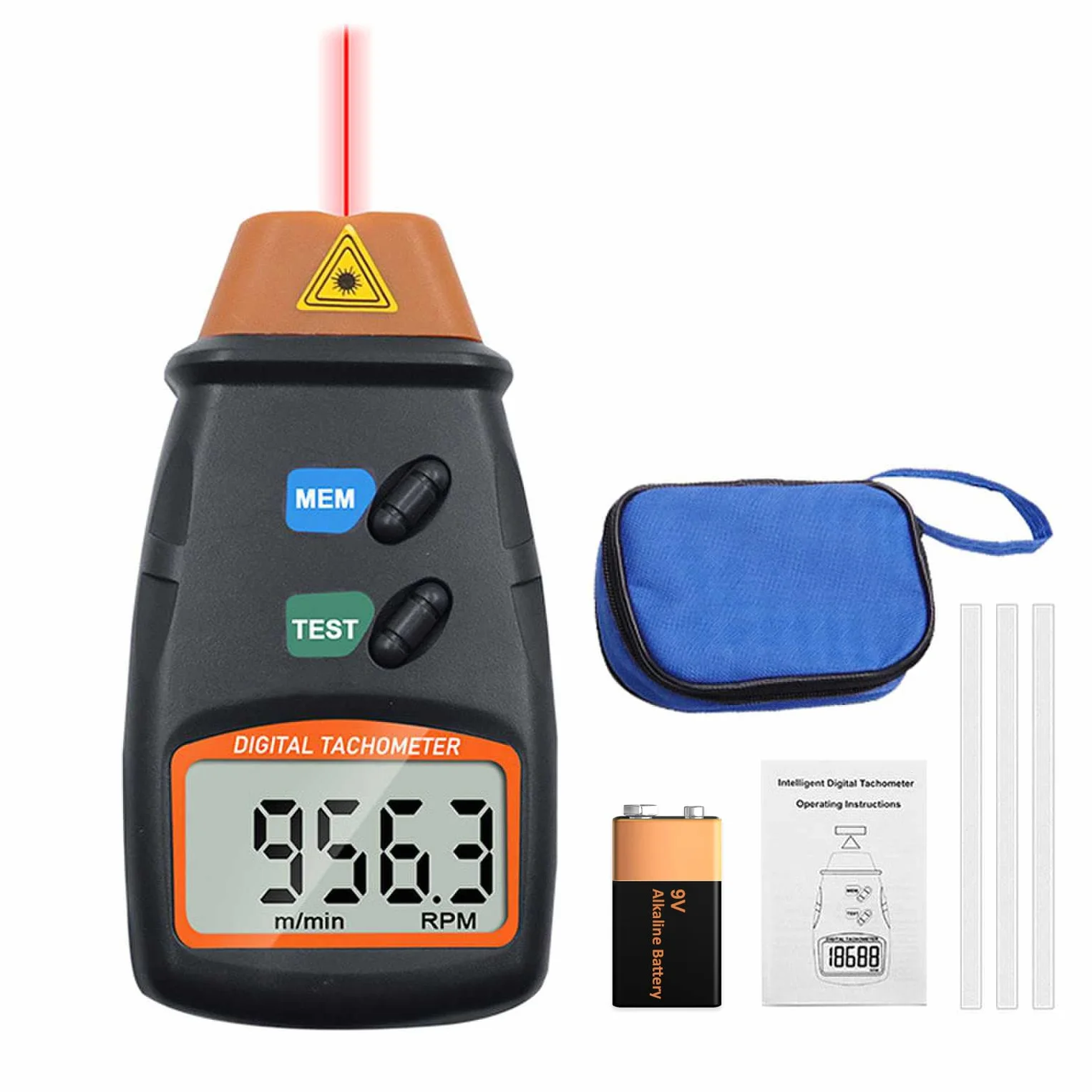 Mengshen Contagiri Digitale, Contagiri Laser Senza Contatto 2.5-99999 RPM Misuratore Di Velocità Di Rotazione Misuratore Di Velocità Con Nastro Riflettente (Batteria Da 9V Inclusa)