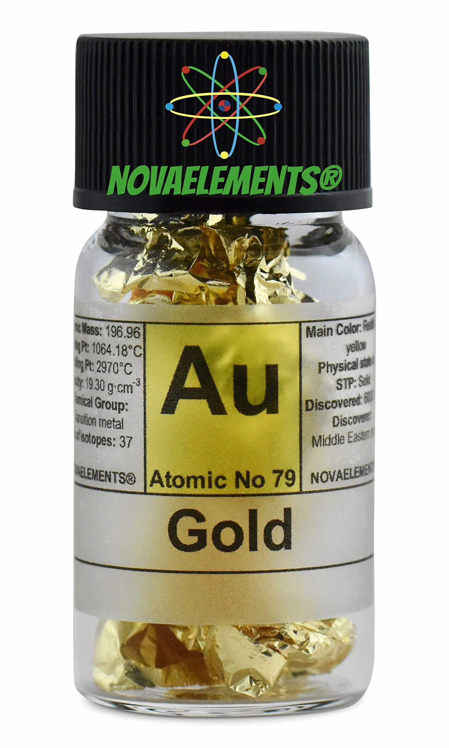 Oro elemento 79 Au, foglio grado alimentare puro 99.9% 24K in fiala con etichetta per collezione