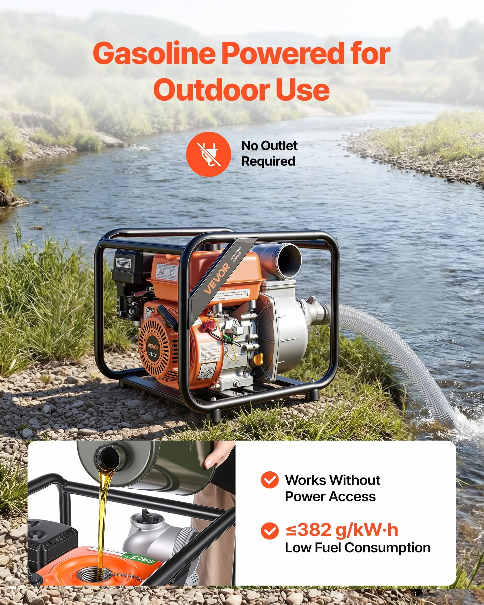 VEVOR Pompa Acqua a Benzina, Motopompa per Irrigazione Prato Laghetti Piscina Giardino 59960 L/H, Trasferimento Acqua 7 CV, Pompa Acqua con Motore a Benzina Tubo 7,6m Dimensioni Porta 76,2 mm