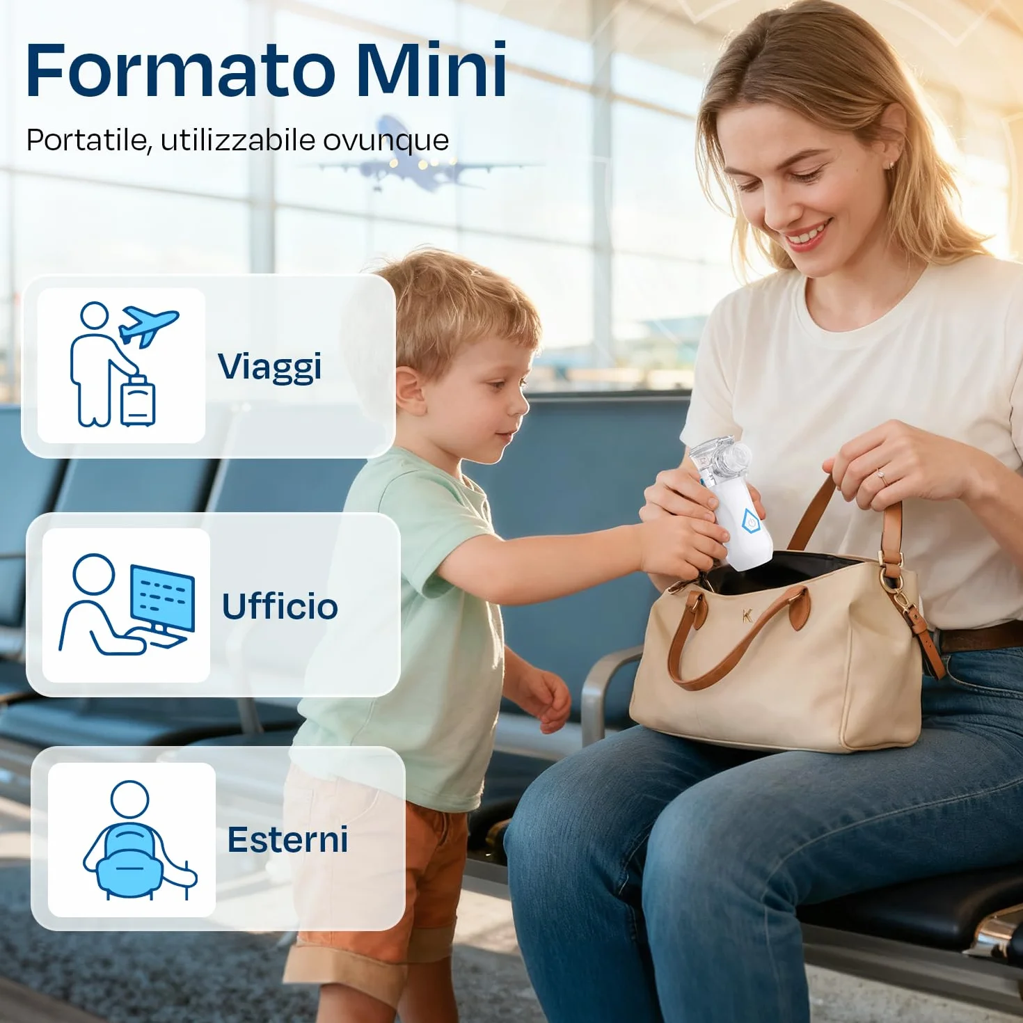 Aerosol Portatile Silenzioso Ricaricabile 2 Modalità Regolabili per Adulti e Bambini con Maschere e Boccaglio