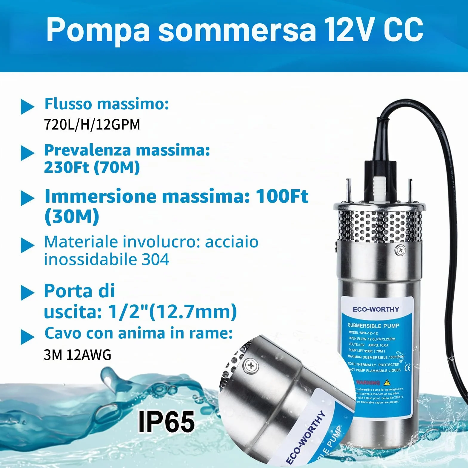 DCHOUSE Pompa Sommergibile per Pozzi 12V DC in Acciaio Inossidabile, Alimentata a Energia Solare, Altezza di Sollevamento 70 m, Profondità Massima di Immersione 30 m