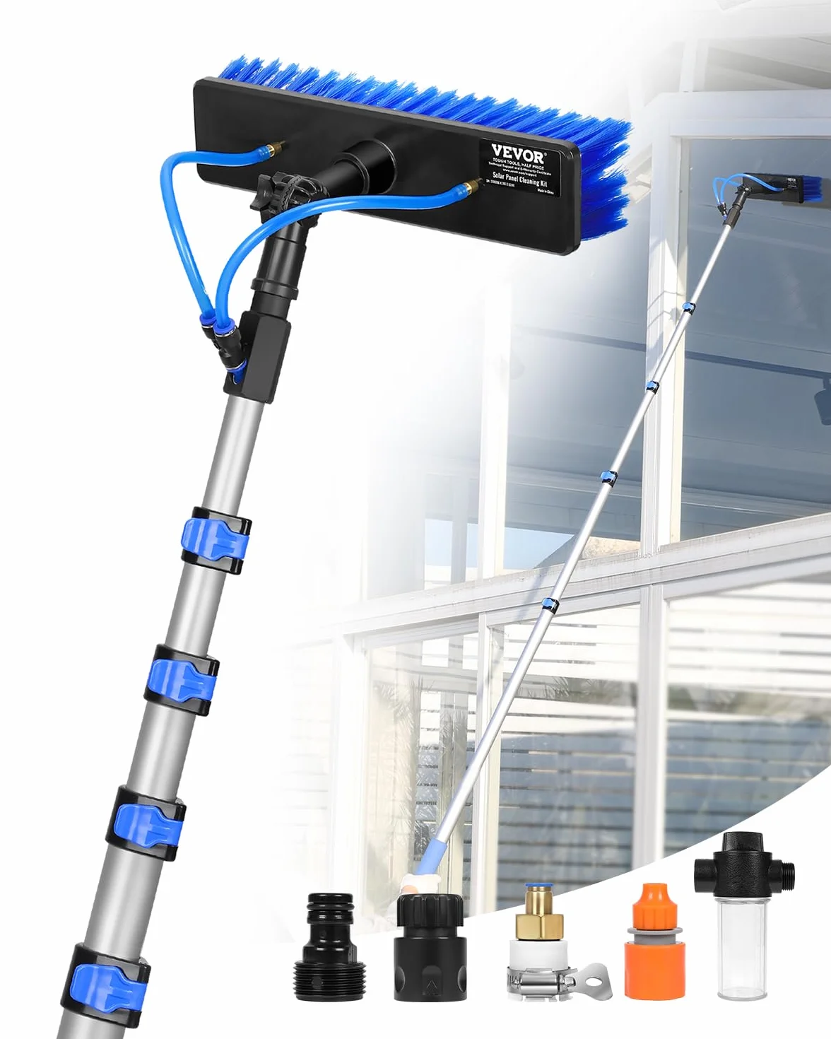VEVOR Kit Palo Alimentato ad Acqua, Palo per Pulizia dei Pannelli Solari 9 m con Manico Estensibile, Testina della Spazzola Girevole a 180° Tubo Flessibile 20 m, per Ponte Pannello Solare Roulotte
