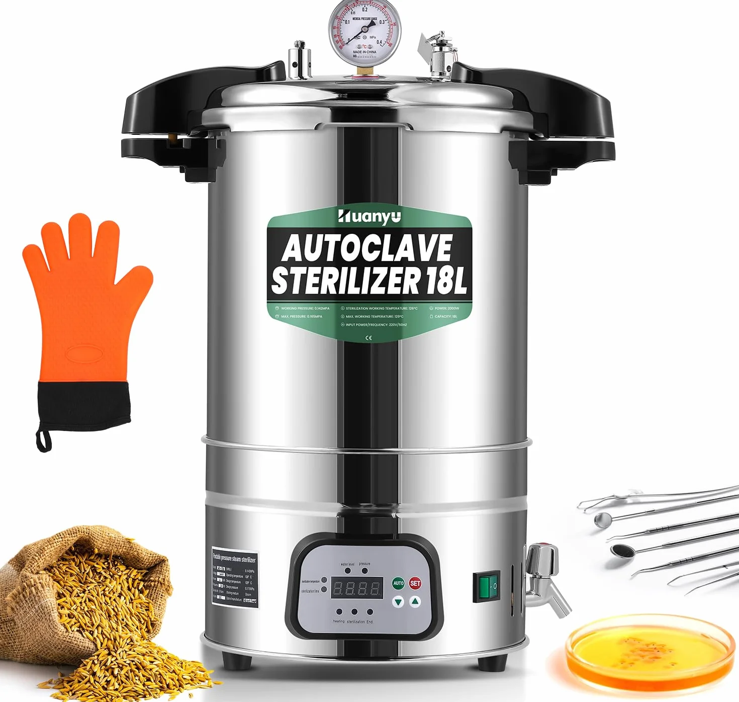 Huanyu 18L Autoclave Sterilizzatore Automatico a Vapore Controllo intelligente Laboratorio Autoclavi Elettriche Temperatura e Tempo Sterilizzatore a Vapore ad Alta Pressione Regolabile