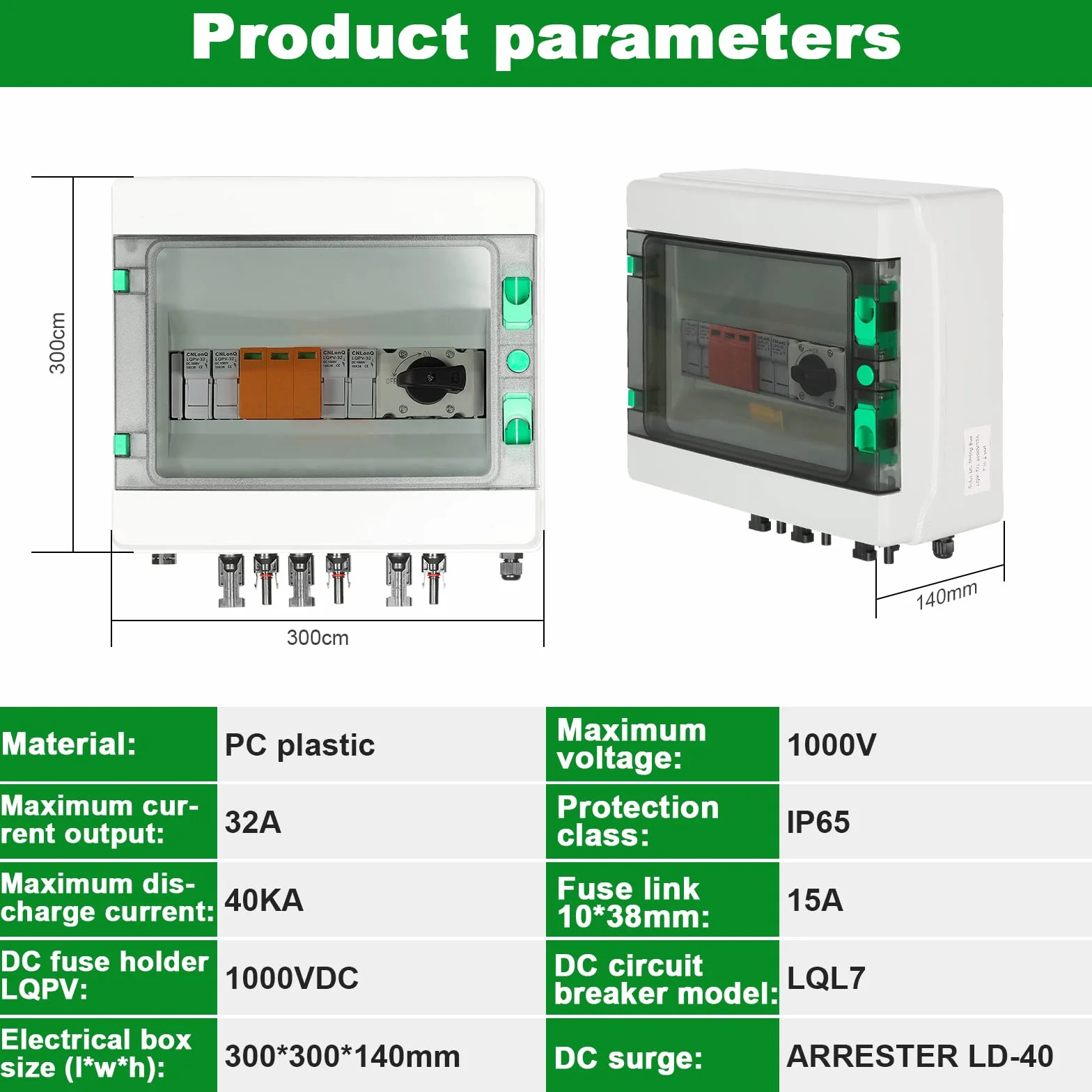 BuyWeek Fotovoltaico Combiner Box 1000V 32A Solare PV Combiner Box con Scaricatore Sovratensione, Interruttore Isolatore DC Solare, Impermeabile IP65, 2 stringa, per Solare Impianto Fotovoltaico