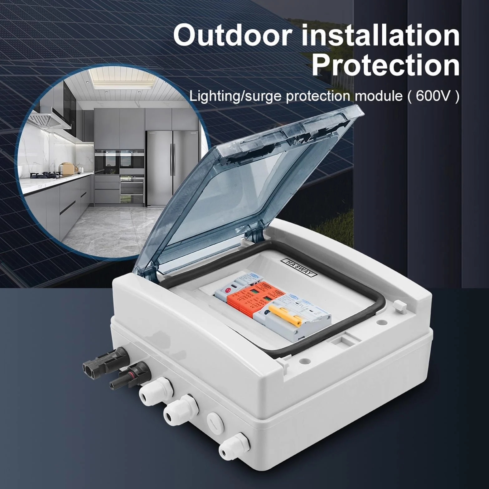 Scatola combinatrice solare fotovoltaica, Combinatore solare fotovoltaico fotovoltaico con protezione contro i fulmini 1 ingresso 1 uscita DC 600V Fusibile MCB SPD Scatola impermeabile IP65 Installazi