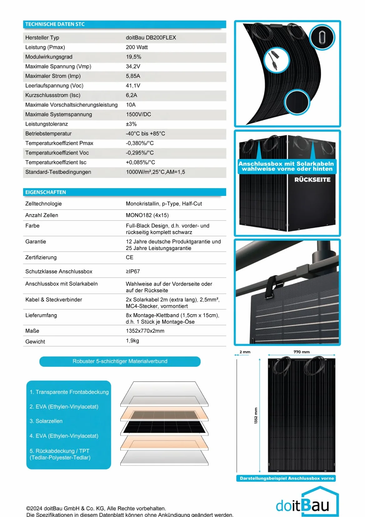doitBau Modulo solare flessibile 200 W Full-Black - ultra sottile 2 mm, 1,9 kg - 1352 × 770 mm per camper, barca, balcone e tetto