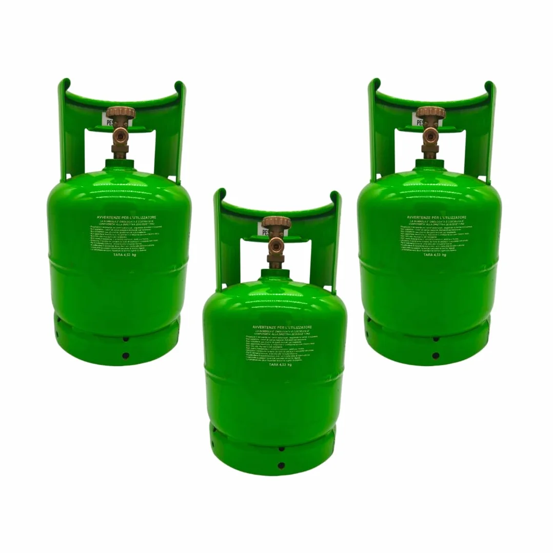 nr° 3 Bombole neutre vuote - capacità 7 Lt - per stoccaggio gas refrigerante - completa di valvola monofase (gas) uscita 21,7 x 1/14 destro - Usate quasi nuove