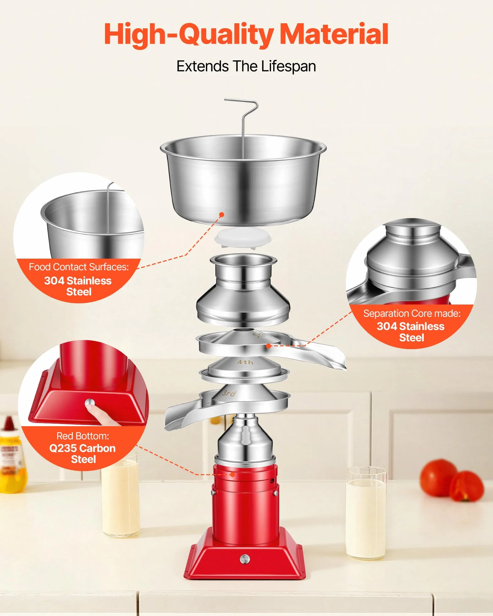 VEVOR Separatore di Latte Elettrico 40 W Centrifuga per Latte Elettrica 60 L/h Controllo a Pulsante, Separatore Panna 10500 giri/min Acciaio Inox 304 Centrifuga Panna con Serbatoio da 4,5 L da Cucina