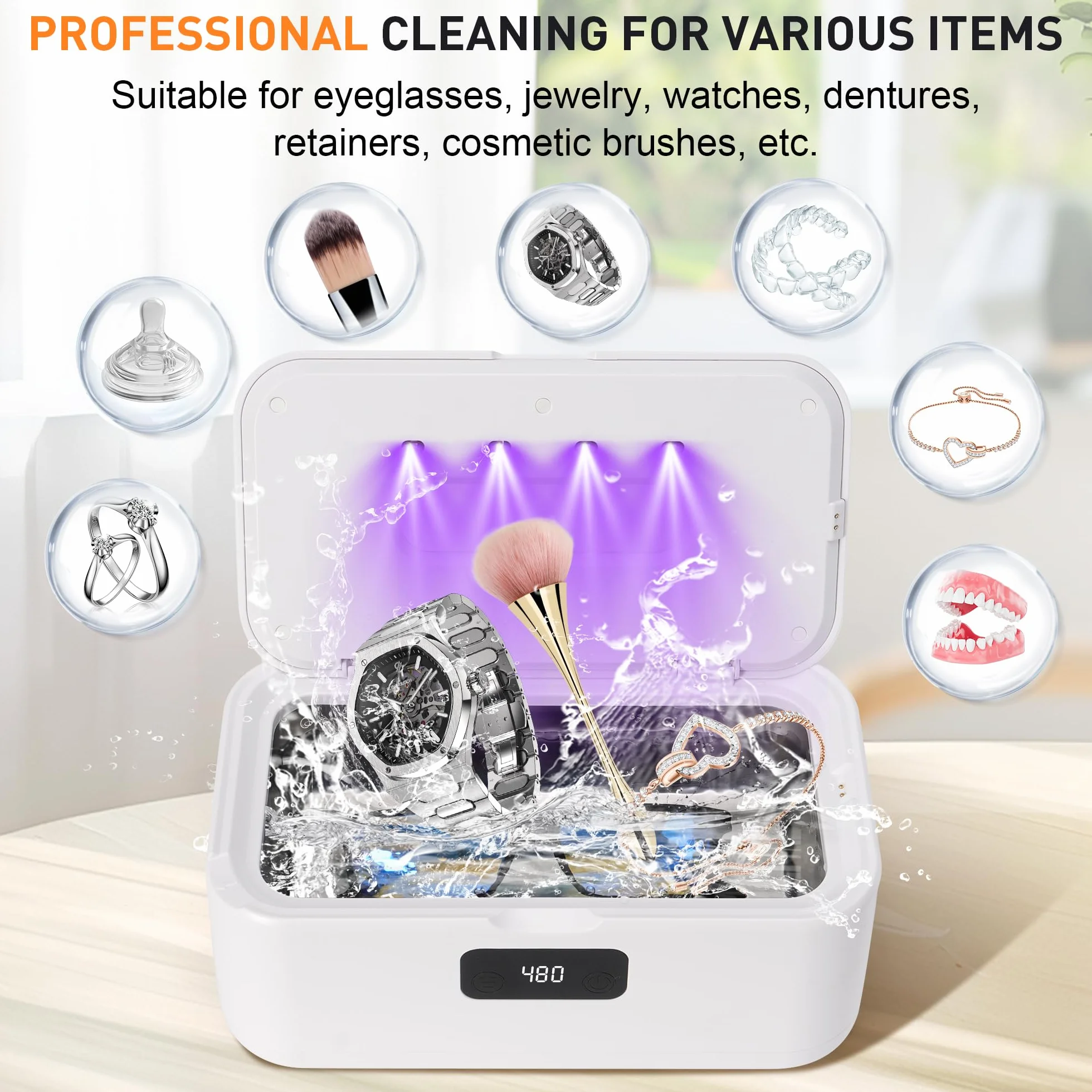 Pulitore Ultrasuoni Gioielli Occhiali - 49000Hz | 800ML | Lampada UV Ultrasonic Cleaner con 5 Timer Digitale - Ultrasonic Cleaning Machine per Apparecchio Denti Anelli Collane