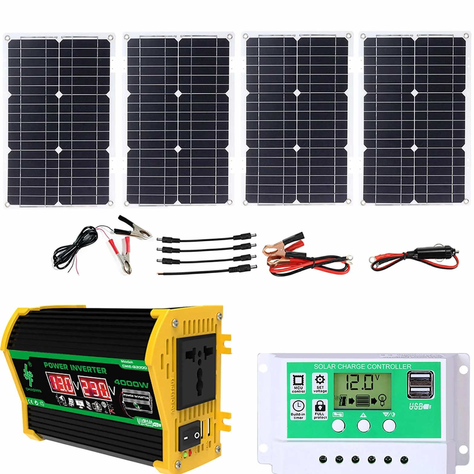 Kit Pannello Solare off-Grid da 4000 W con Pannello Impermeabile da 100 W e regolatore di Carica da 12 V 50 A for Campeggio e Uso all'aperto(Black)