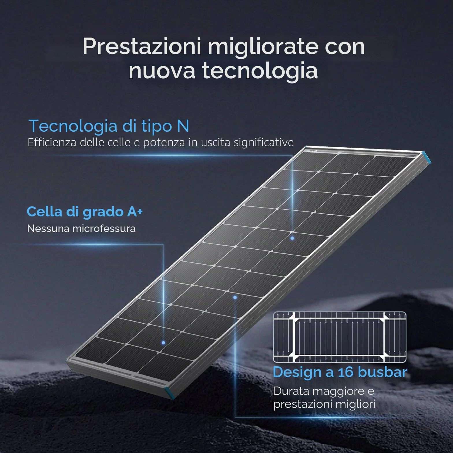 Renogy Pannello solare tipo N 16BB 100W, pannello solare 12V 100 Watt 25% ad alta efficienza, caricatore di alimentazione modulo fotovoltaico per camper, batteria agricola sul tetto marino e altre