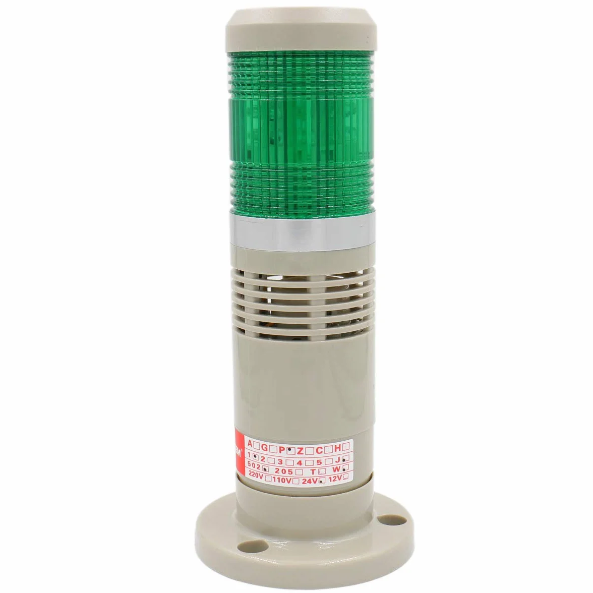 Heschen Luce di segnalazione, luce a torre, 24VCC, cicalino industriale, LED verde, luce lampeggiante di avvertimento di allarme