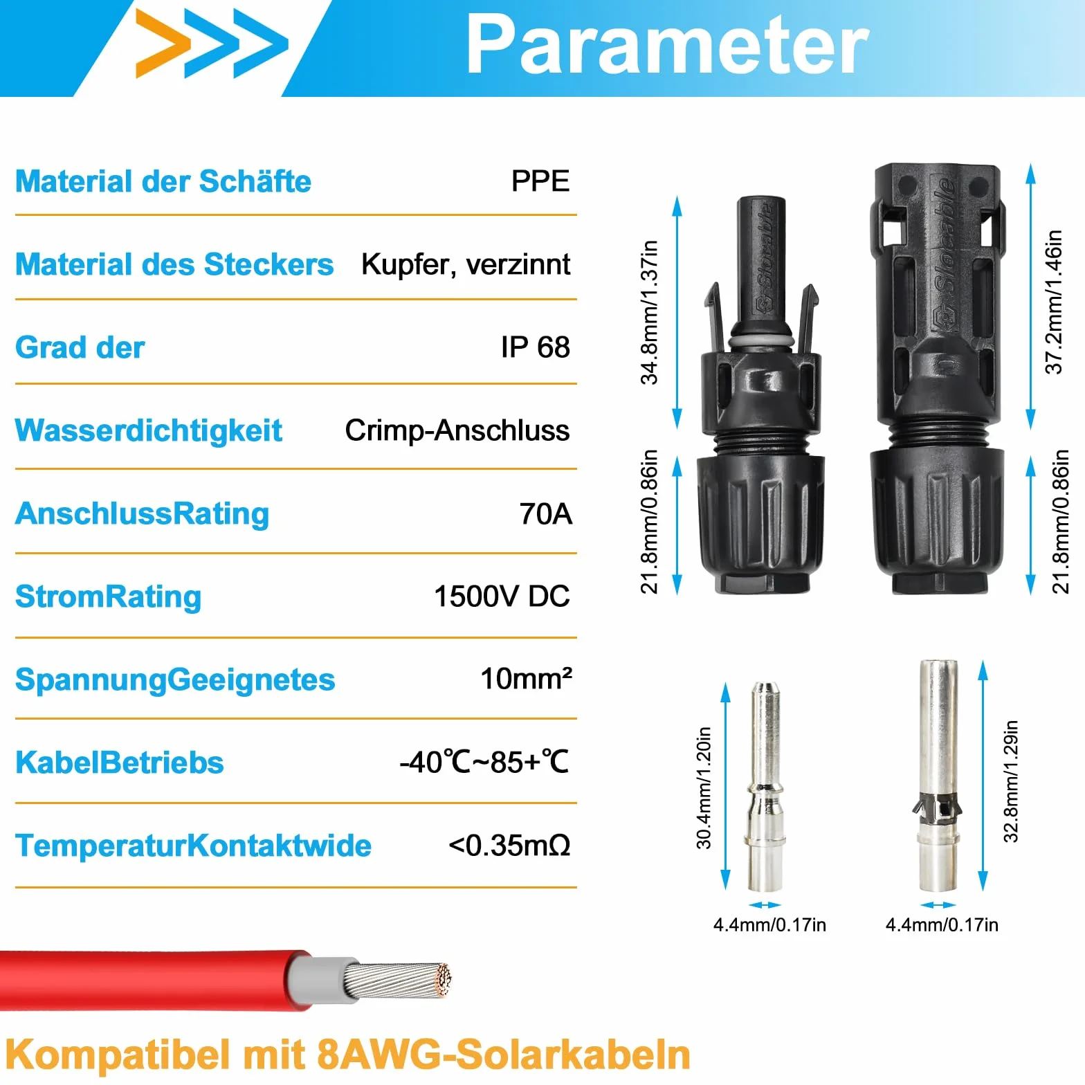 Spina Solare 10 mm² IP68 1500 V Connettore Maschio/Femmina 5 Coppie 8 AWG
