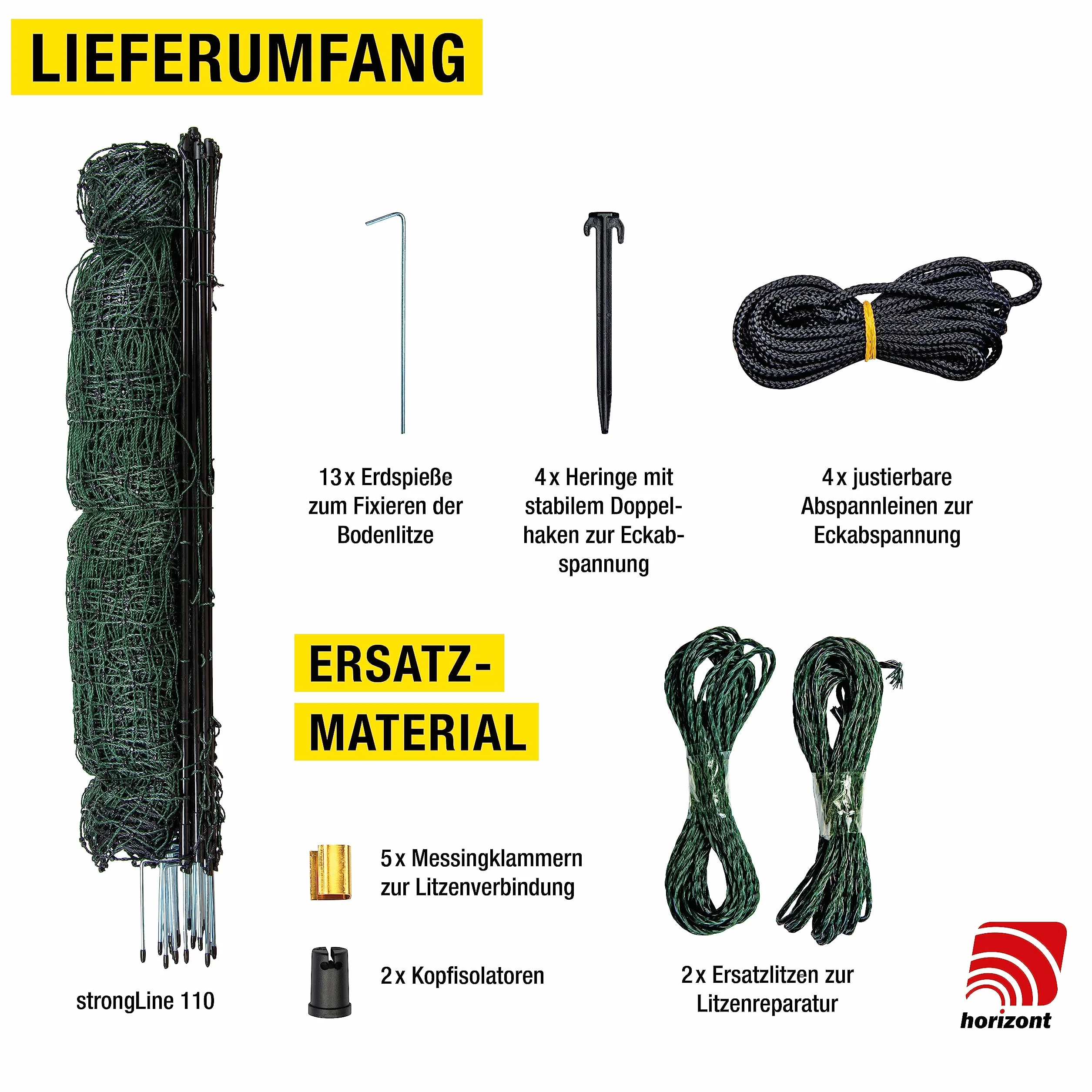 horizont recinto per pollame Strong Line 110, 15 pali in fibra di vetro a doppia punta lunghi 50 m, alti 110 cm, tutti senza elettricità, recinto mobile per polli