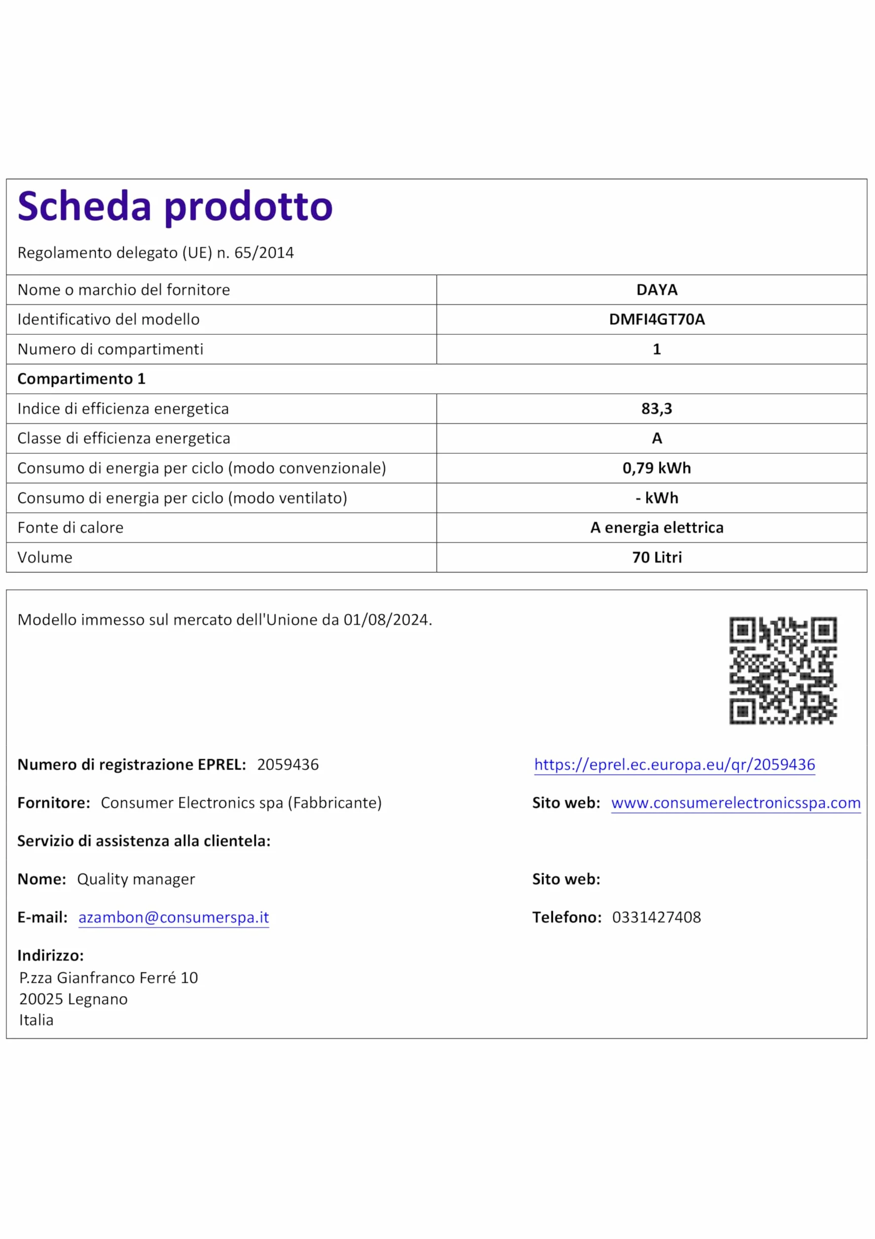 Forno Elettrico da Incasso Daya DMFI-4GT70A, 70 Litri, Classe A, 4 Funzioni, Ventola di Raffreddamento, Timer 120 Minuti