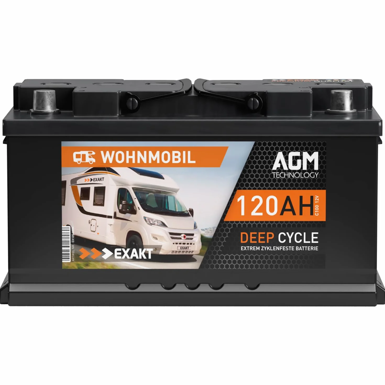 EXAKT Batteria AGM 120Ah 12V batteria per Camper Caravan Sistemi Off-Grid Pannelli Solari Barca resistente ai cicli Sigillata Senza Manutenzione alternativa 100Ah