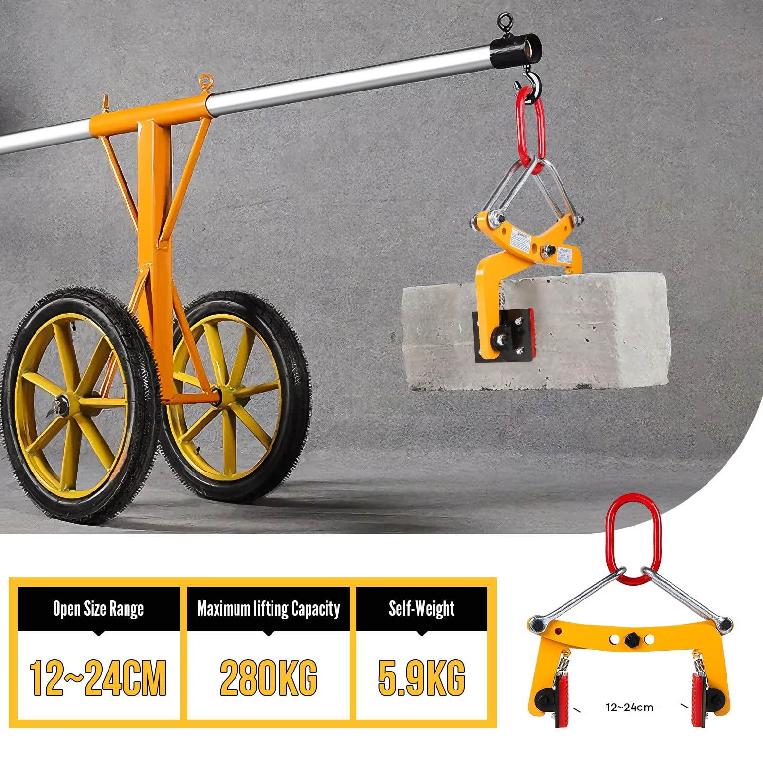 SWAWIS Pinza di Sollevamento per Cordoli Apertura Regolabile 12-24cm Capacità di Carico 280 kg Pinza per Pavimentazione con Cuscinetti Antiscivolo in Gomma per il Trasporto di Pietre o Legname(Giallo)